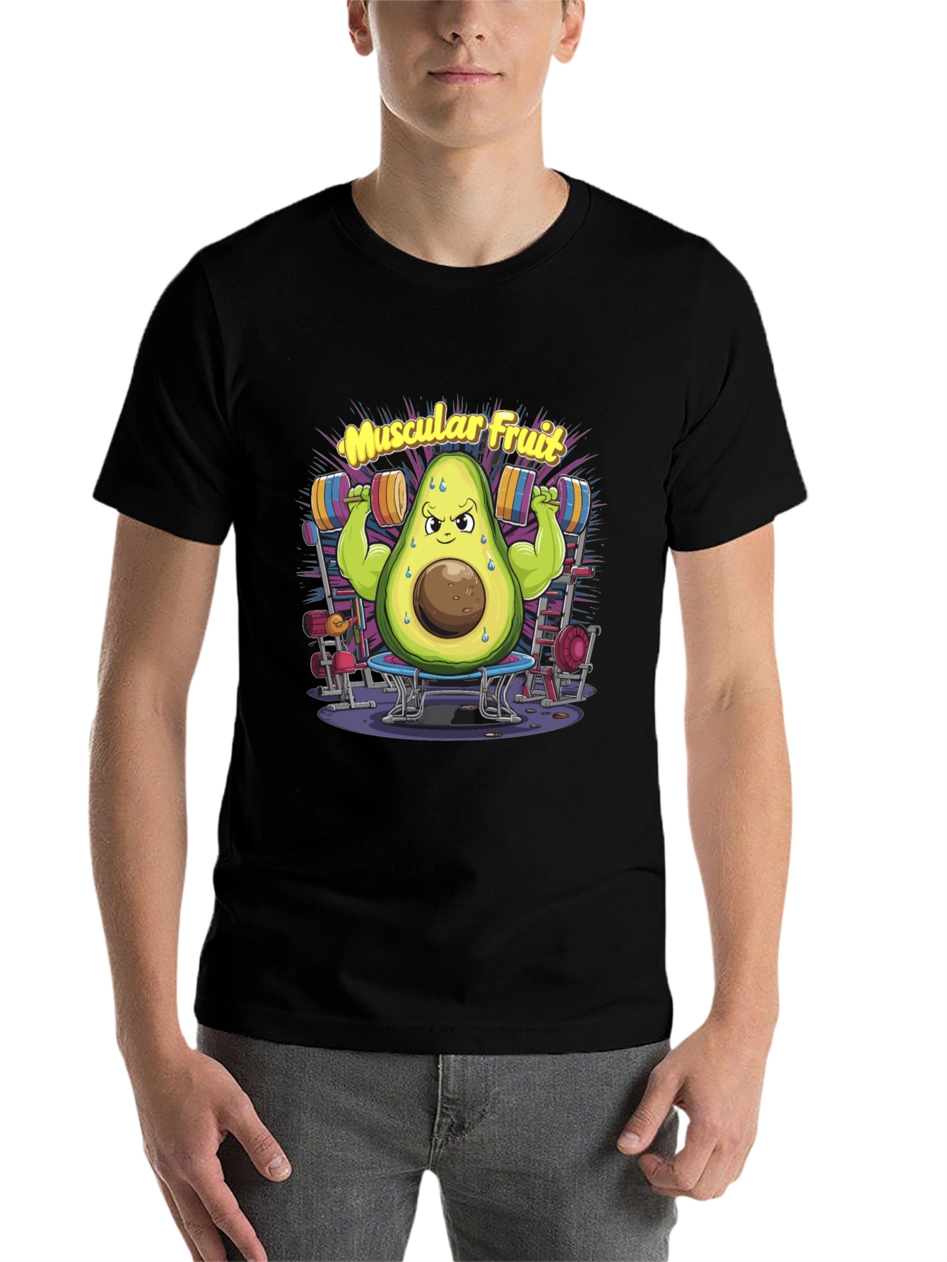 Black Muscular Fruit Avocado Black T-Shirt view 7