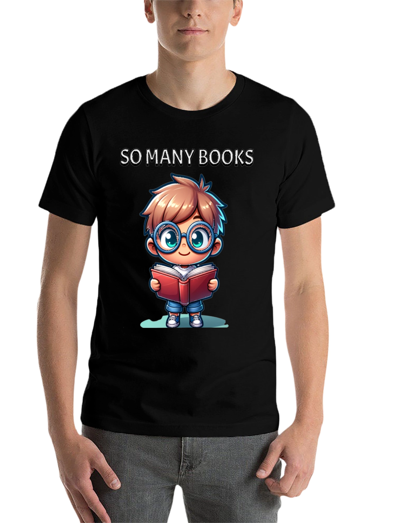 Black So Many Books T-Shirt: Cartoon Boy Reader view 7