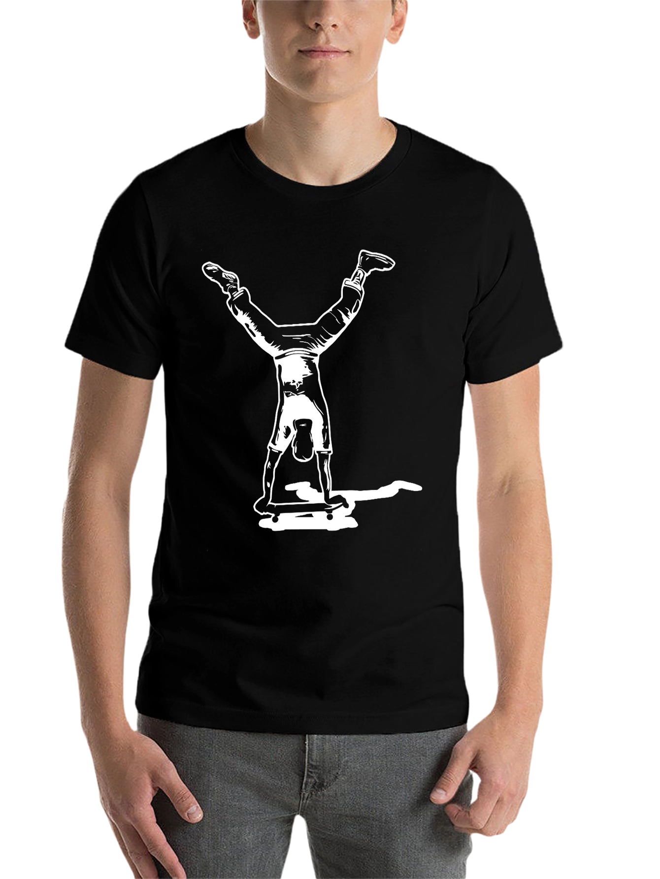 Black Skateboard Handstand Graphic Tee - Black Cotton Casual T-Shirt view 7