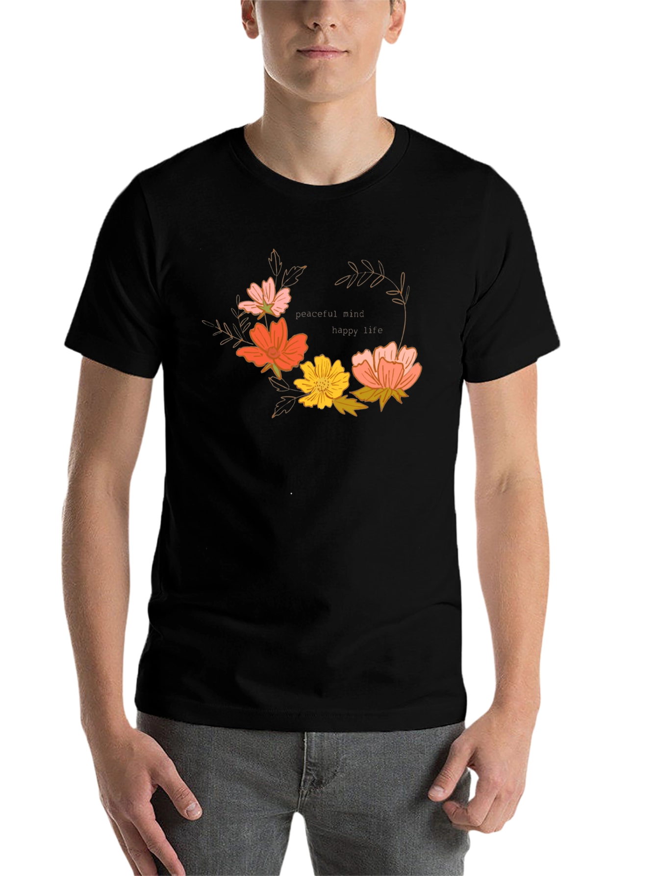 Floral Wreath Graphic T-Shirt - Peaceful Mind, Happy Life - 7