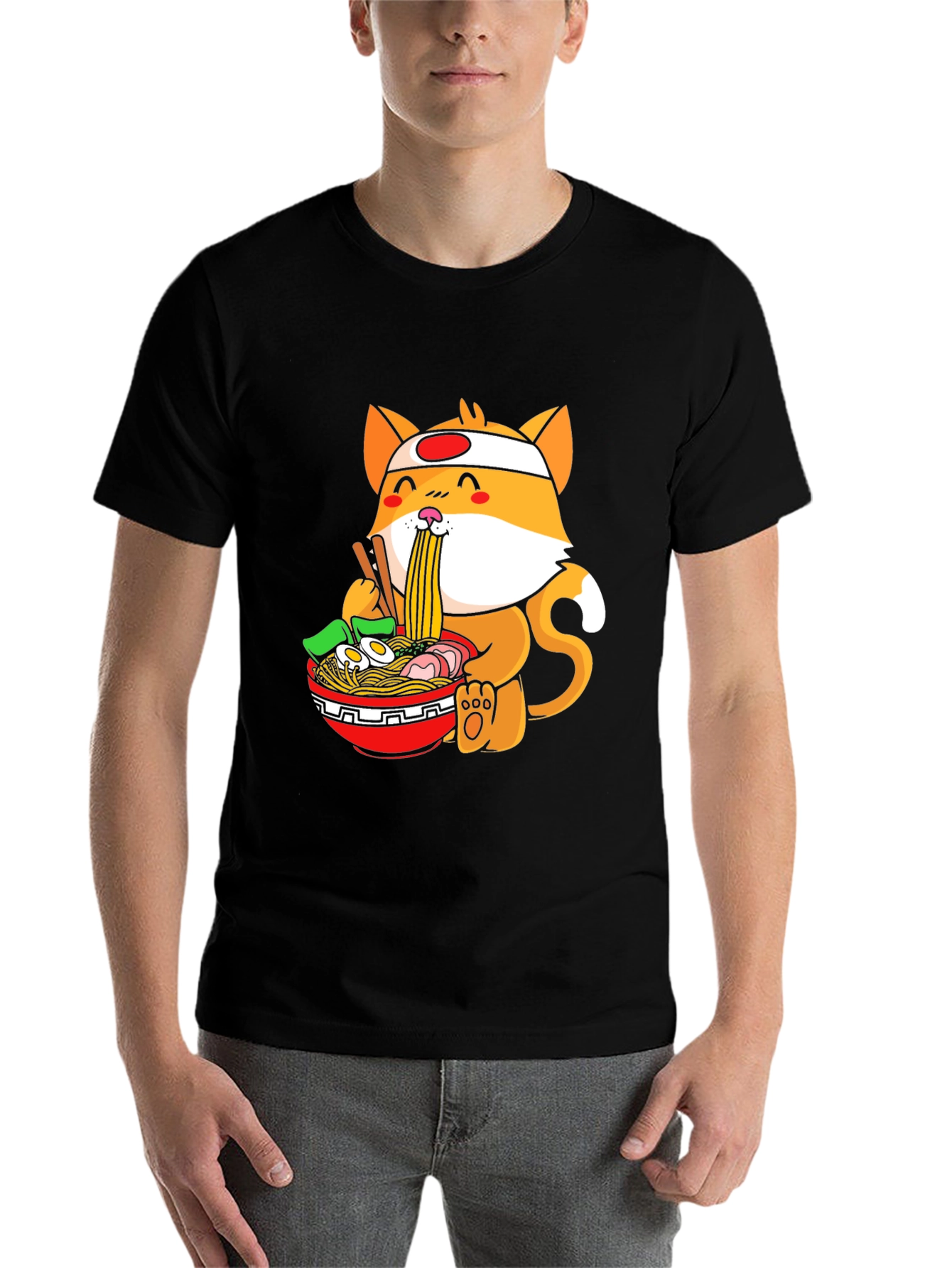 Black Ramen Cat Graphic Tee - Casual Black T-Shirt view 7
