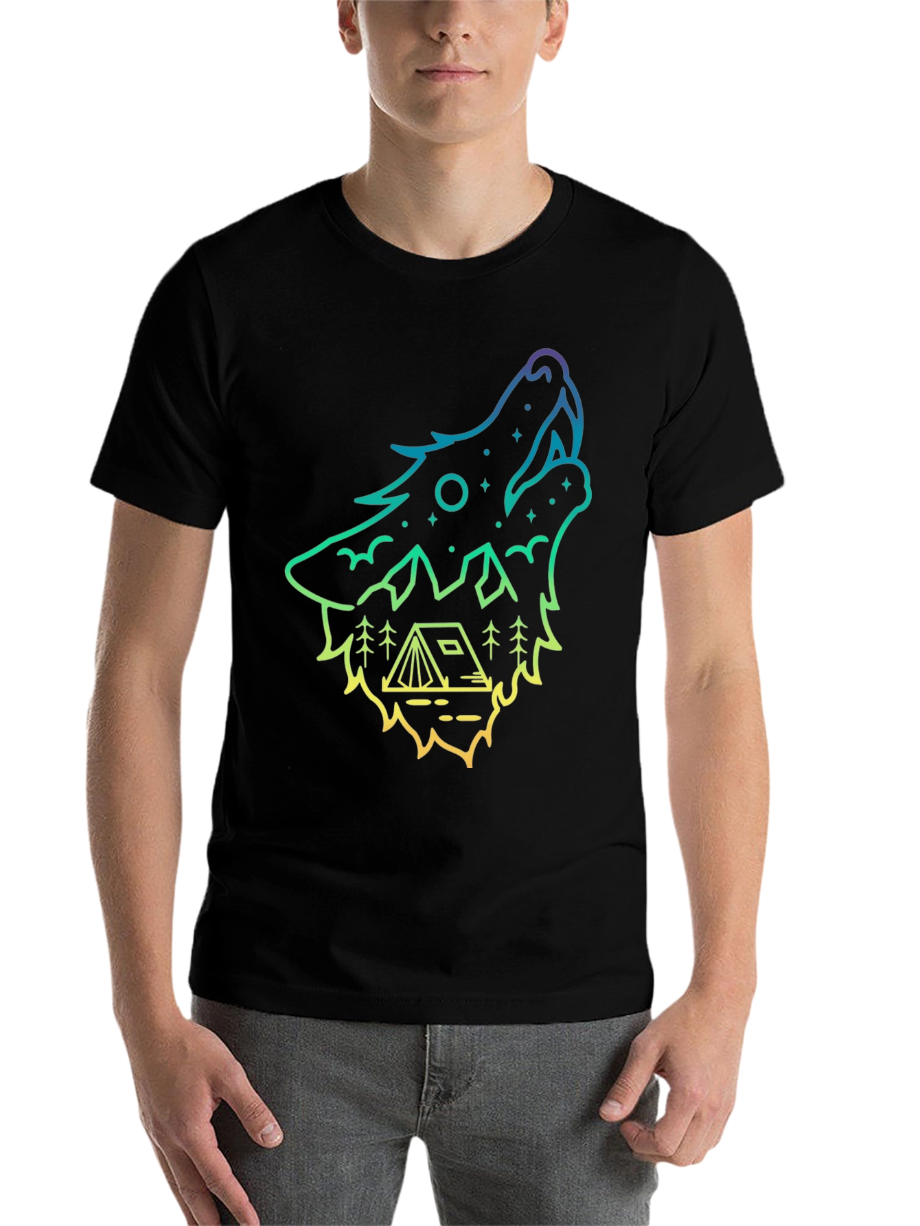 Black Wolf Howl Camping Tee - Gradient Outline Design view 7