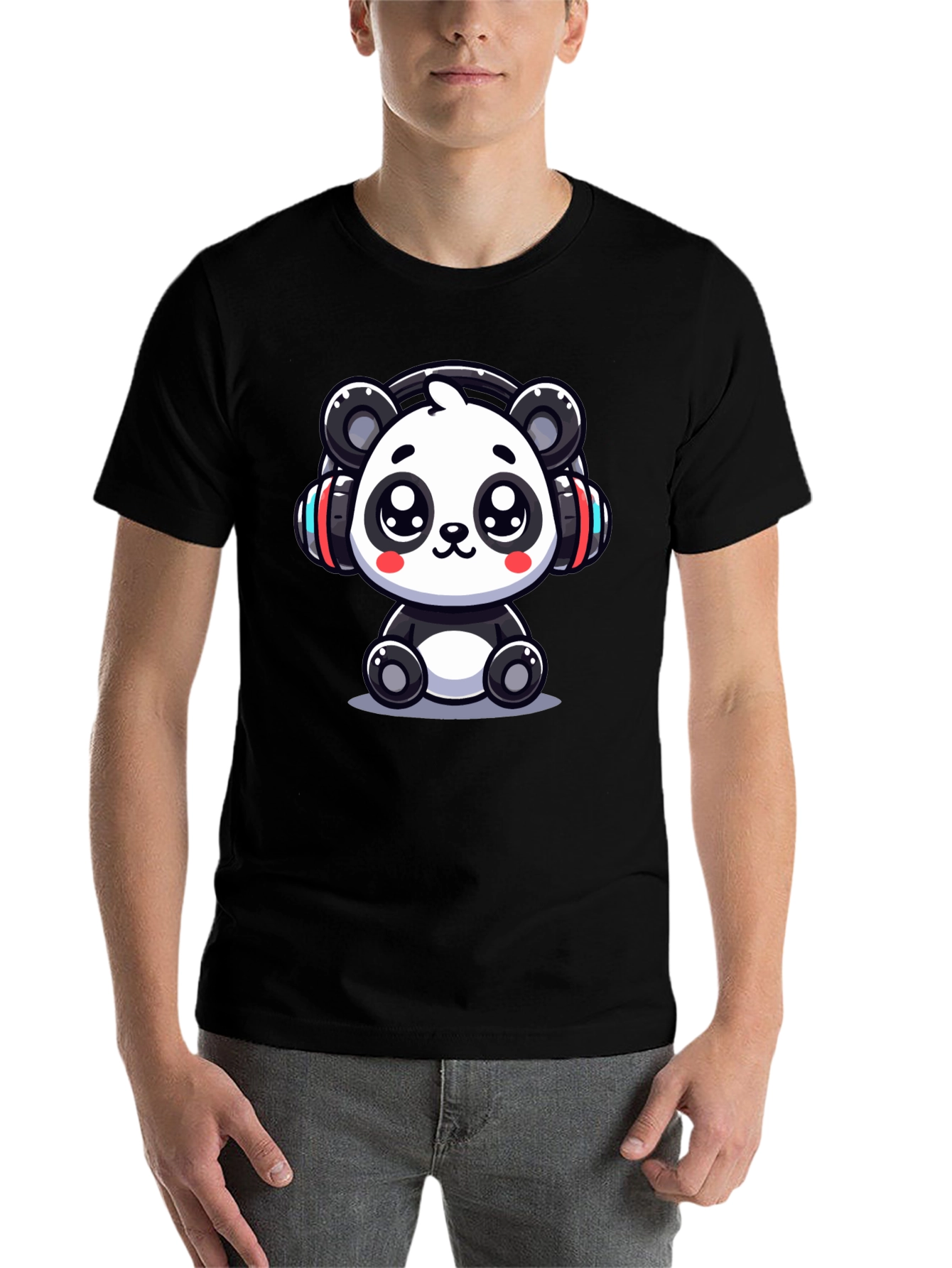 Black Cute Panda Headphones Black T-Shirt view 7