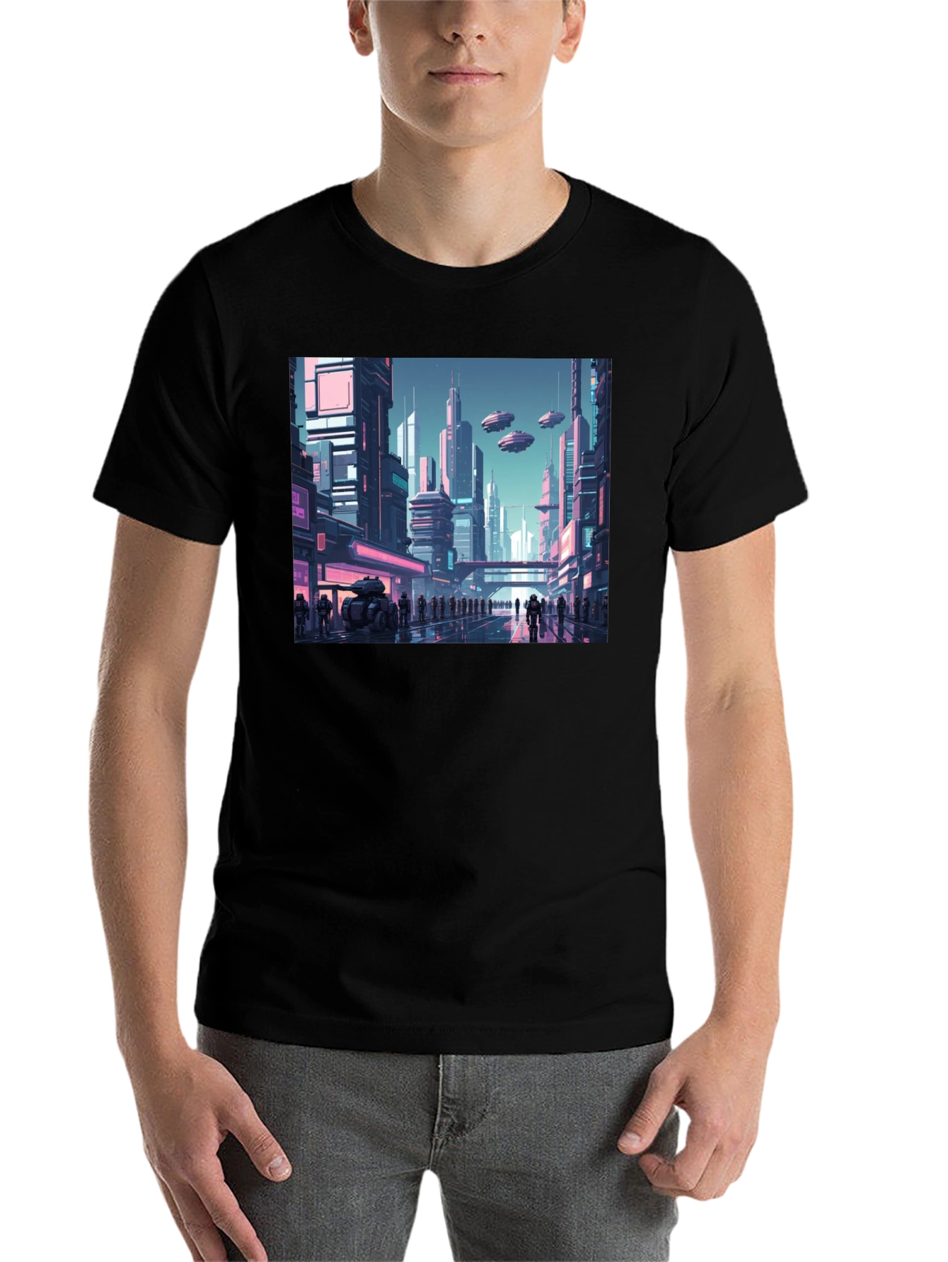 Black Sci-Fi Cityscape Graphic Tee view 7