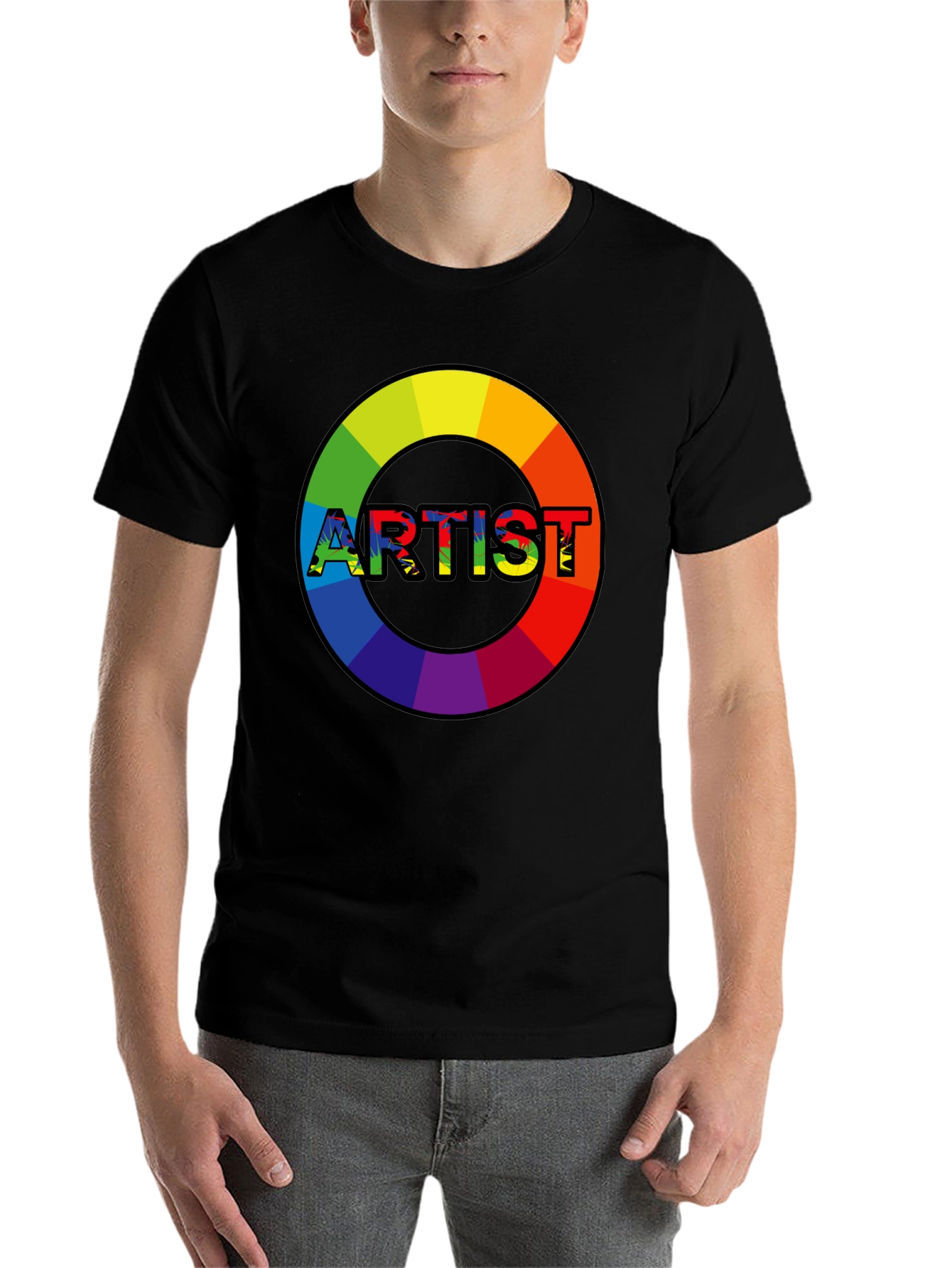 Black Rainbow Artist Circle Graphic Tee - Black Cotton Casual T-Shirt view 7
