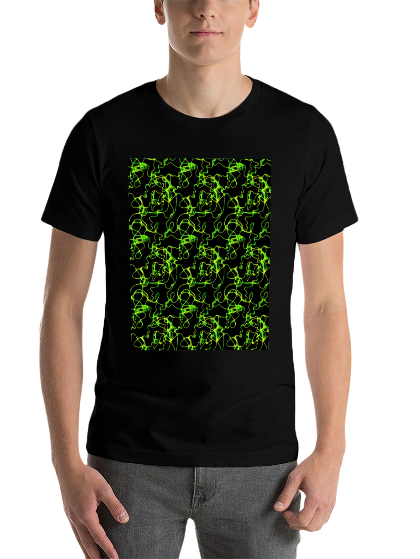 Black Abstract Green Line Pattern Black T-Shirt view 7
