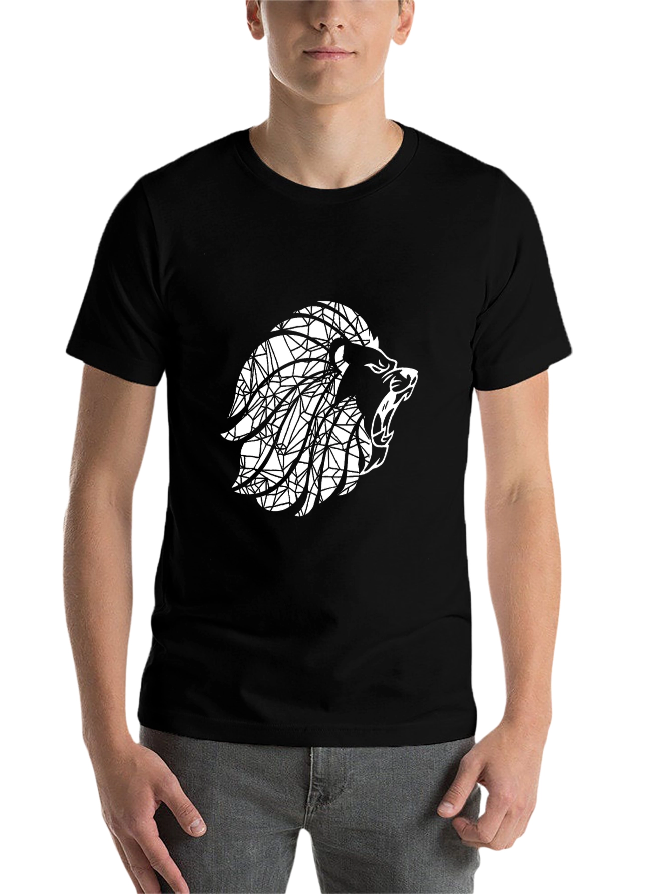 Black Geometric Lion Graphic Print Men's Black T-Shirt view 7
