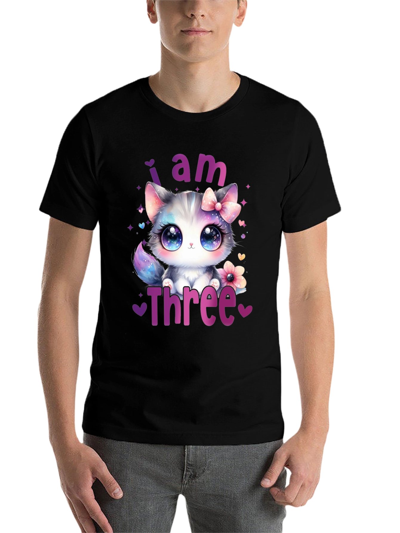 Black I Am Three Birthday Cat T-Shirt view 7