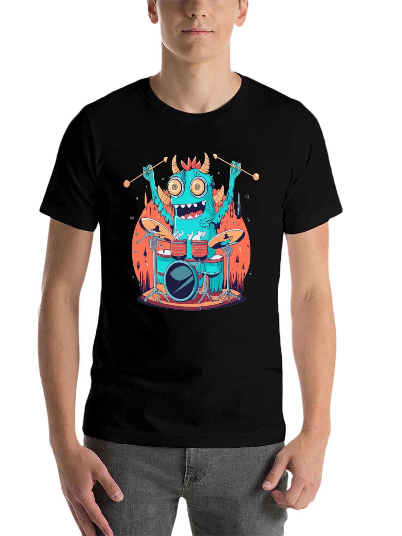 Black Monster Drummer Graphic Tee - Black Cotton T-Shirt view 7