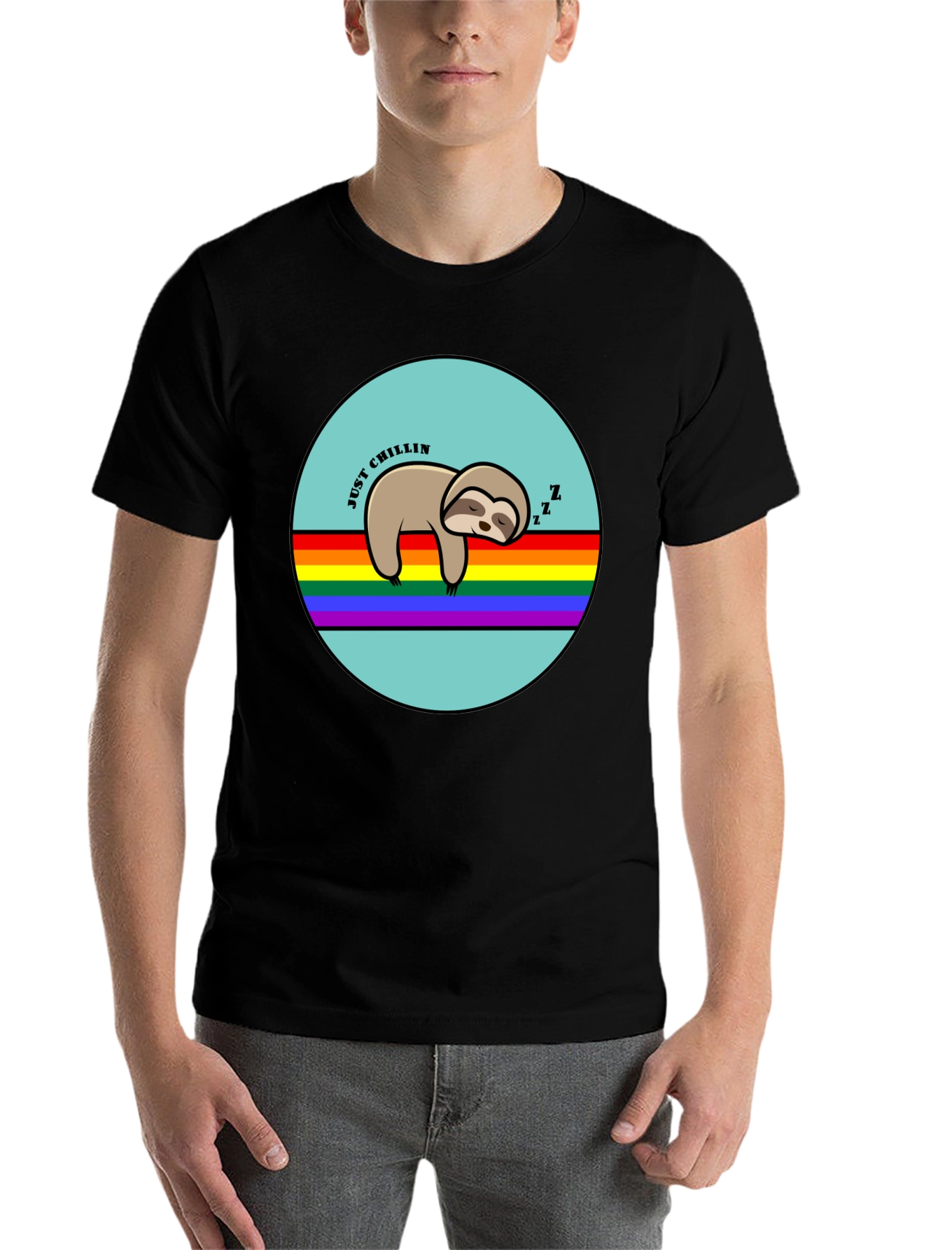 Black Just Chillin' Sloth Graphic T-Shirt - Rainbow LGBT Pride view 7