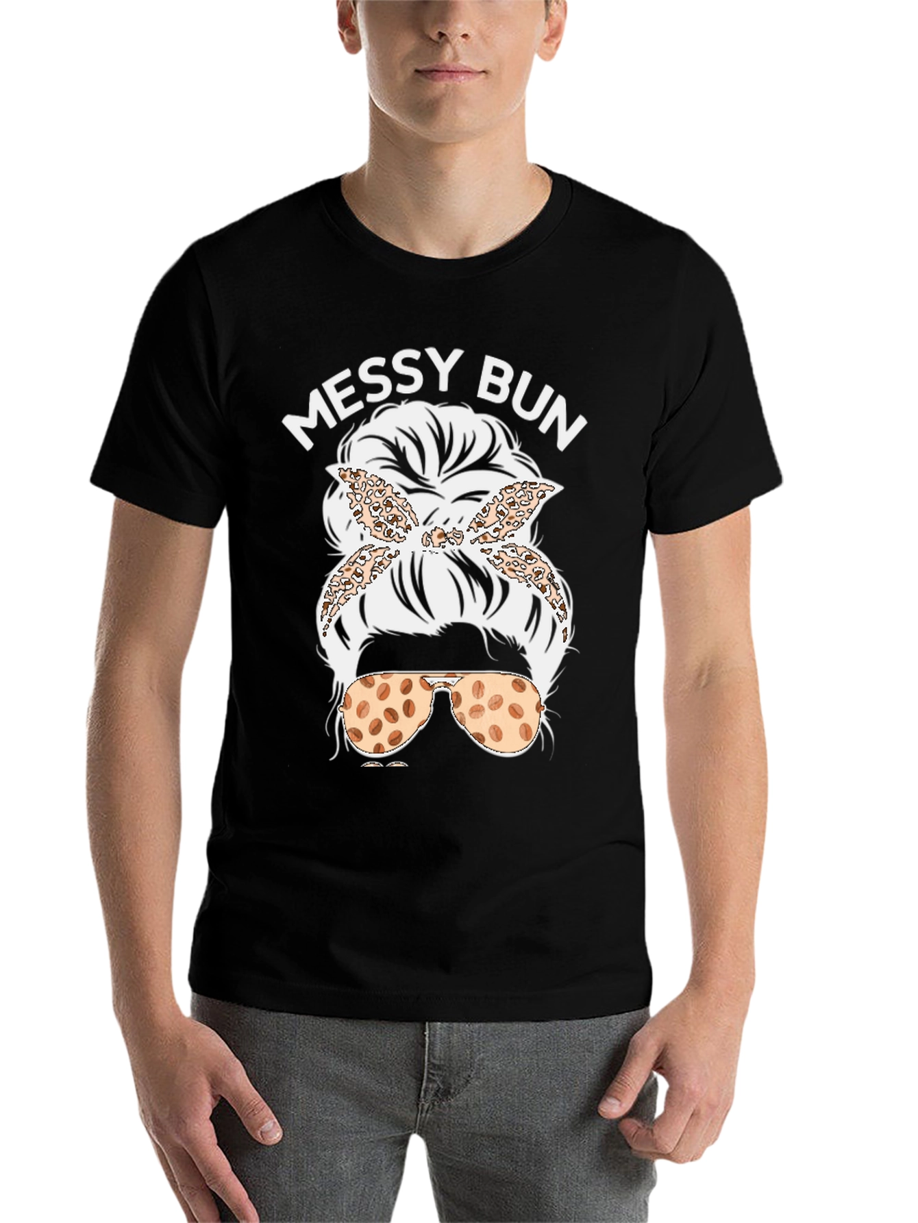 Black Messy Bun Coffee Bean Sunglasses T-Shirt view 7
