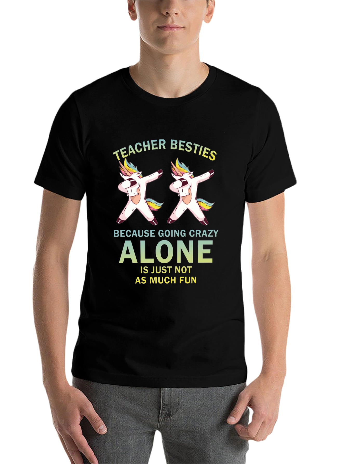 Teacher Besties Unicorn Dabbing Black T-Shirt - 7