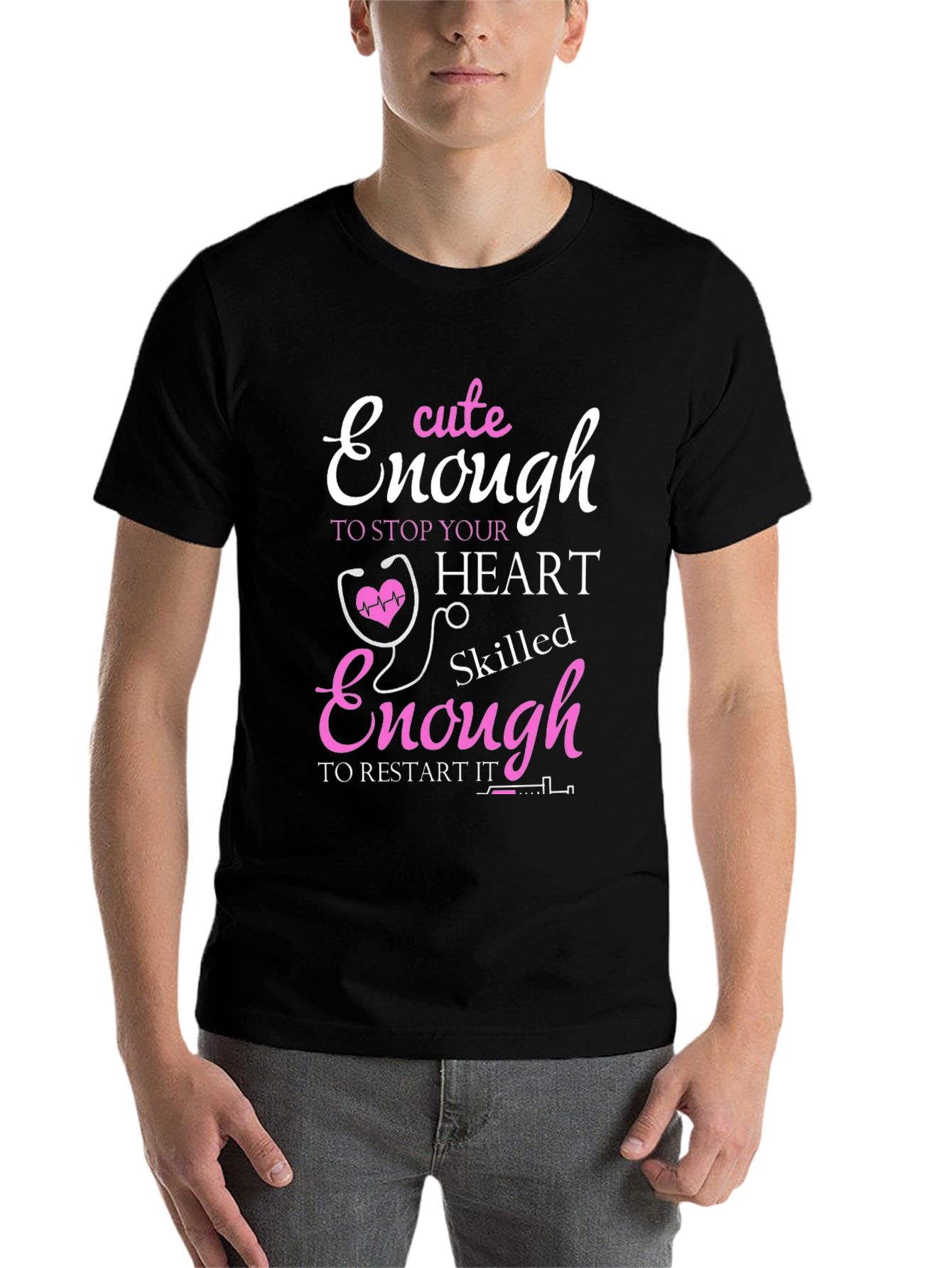 Black Cute Enough to Stop Hearts Nurse T-Shirt view 7