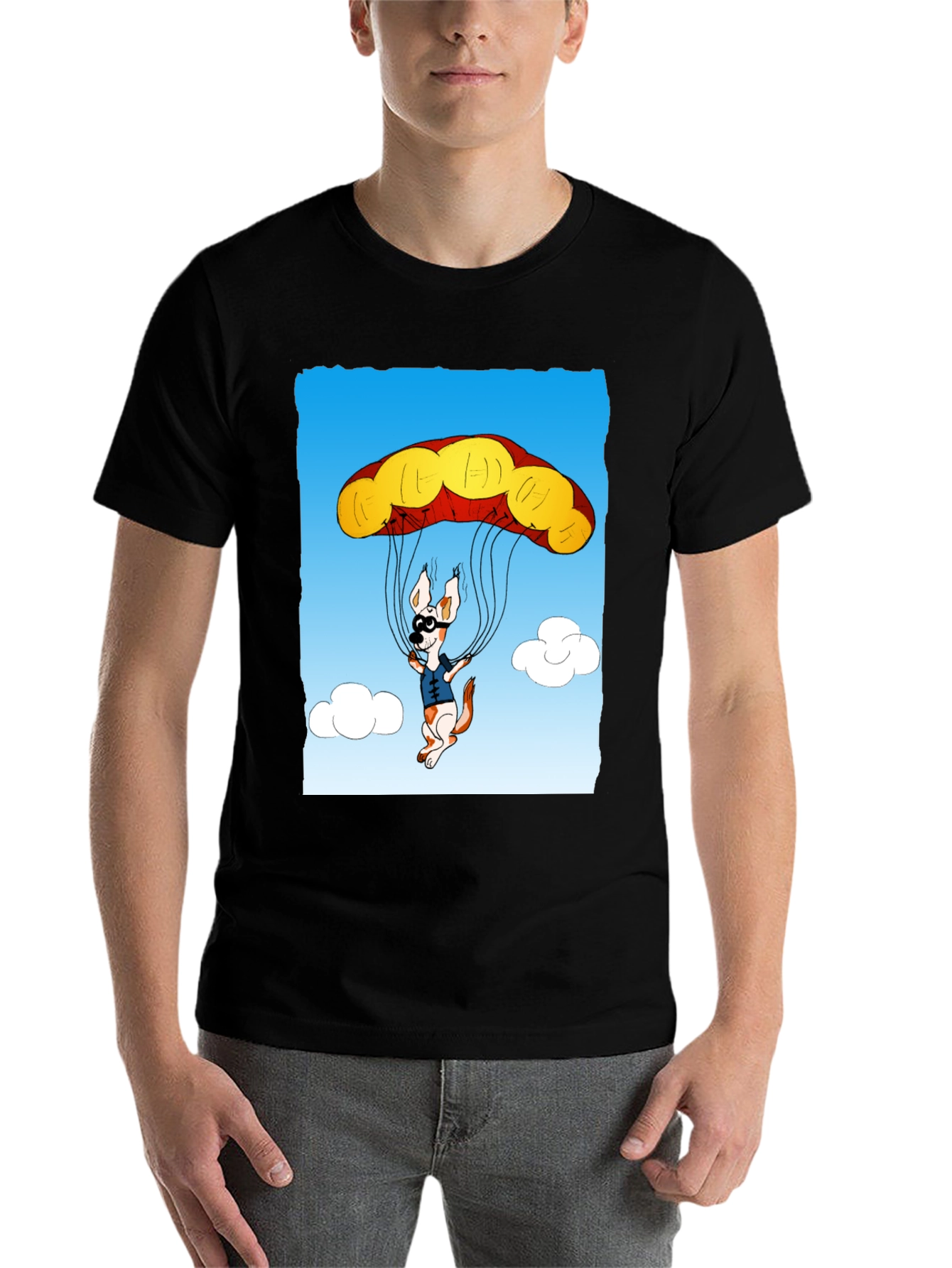 Black Parachuting Dog Graphic Tee - Black Cotton T-Shirt view 7