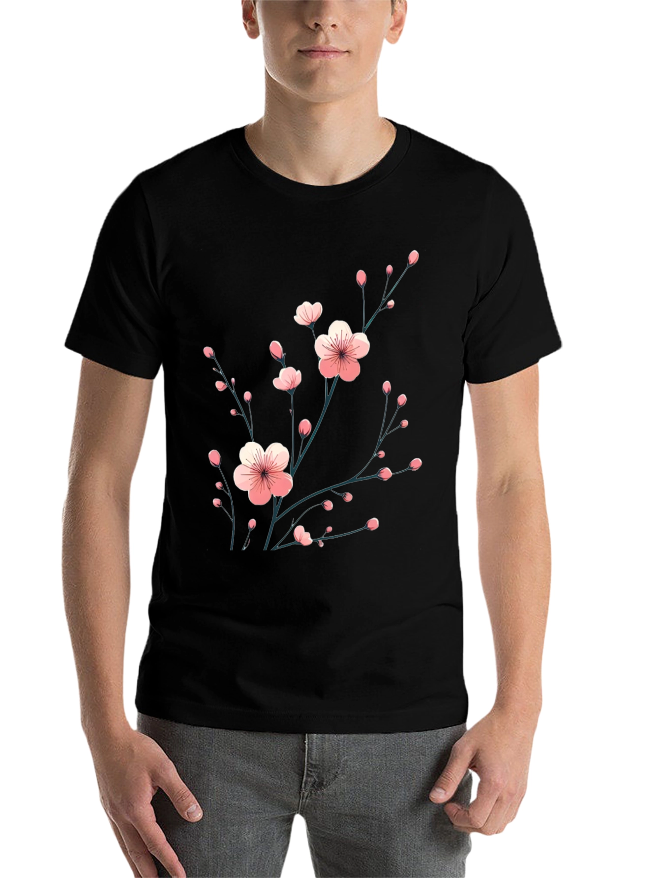 Black Black T-Shirt with Floral Cherry Blossom Design view 7
