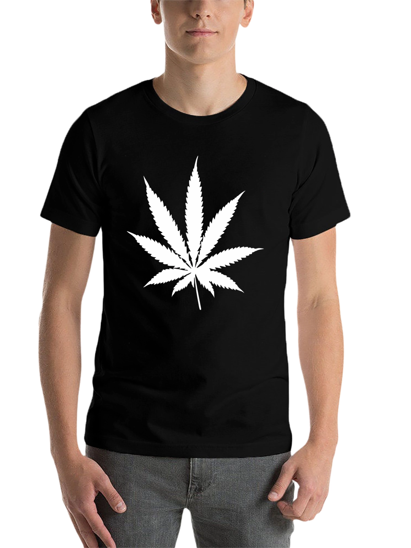 Black Black T-Shirt with White Cannabis Leaf Print view 7