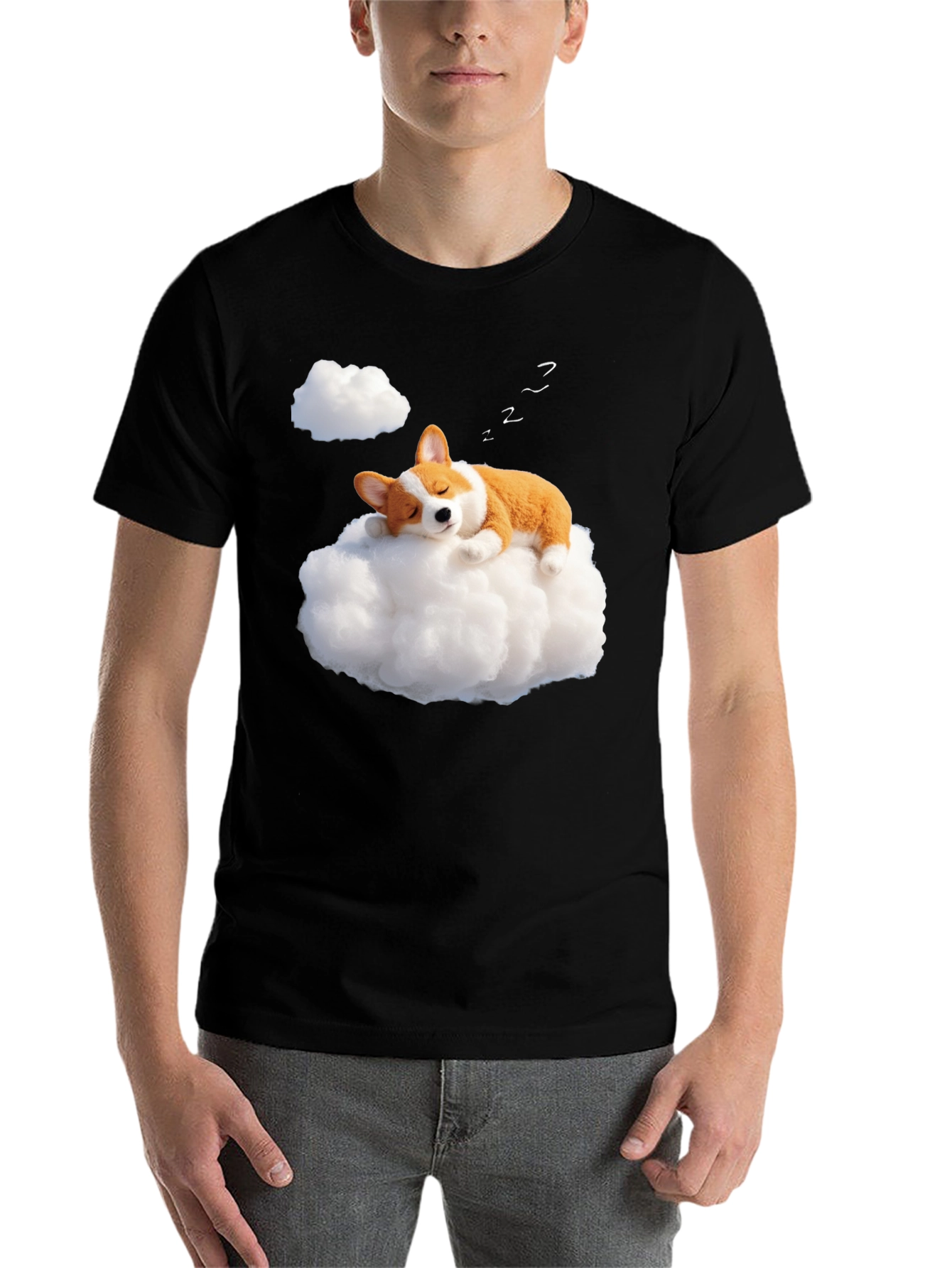 Black Dreamy Corgi Cloud Nap Black T-Shirt view 7
