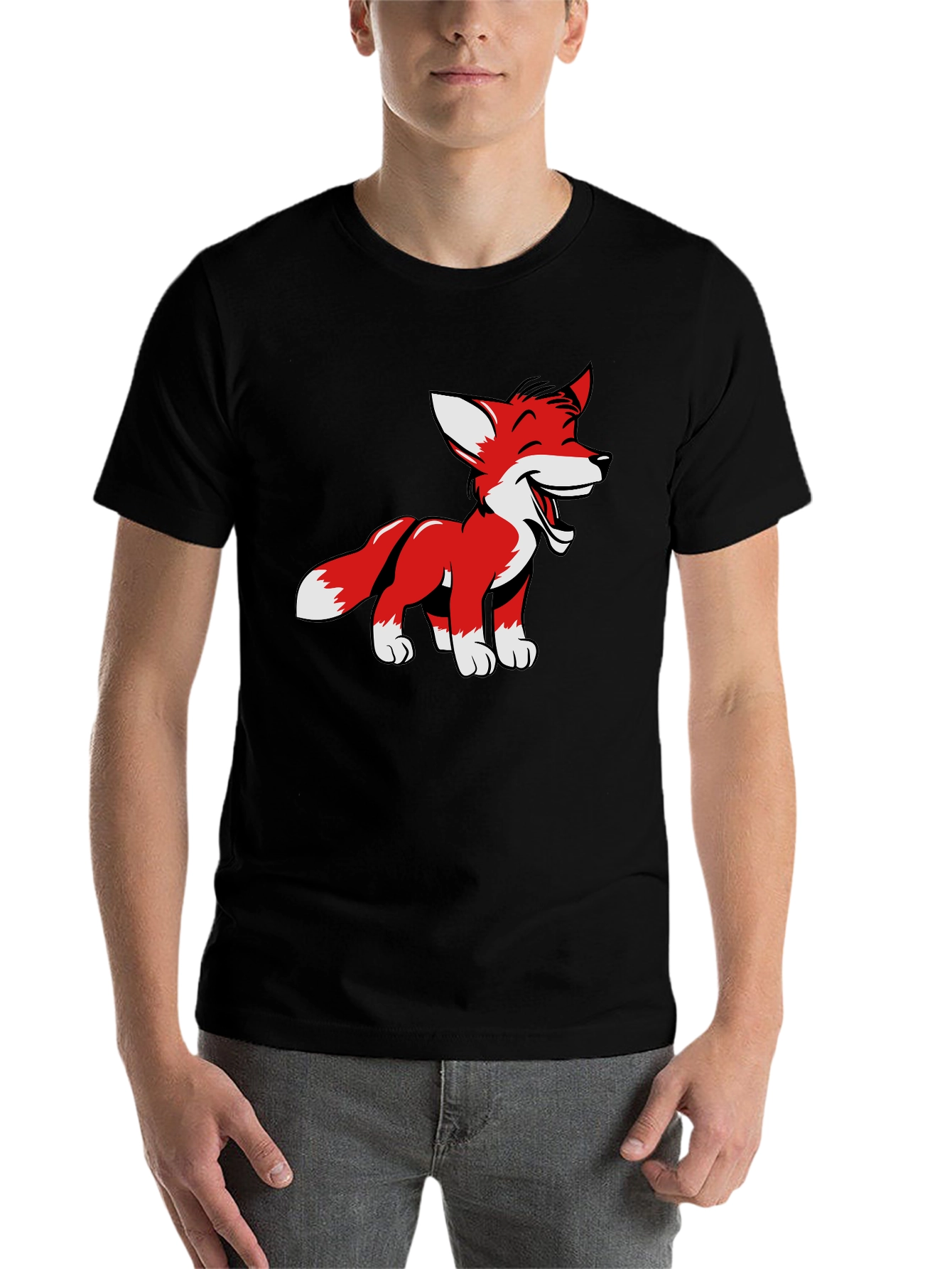 Black Cartoon Fox Graphic Tee - Black Cotton Blend view 7