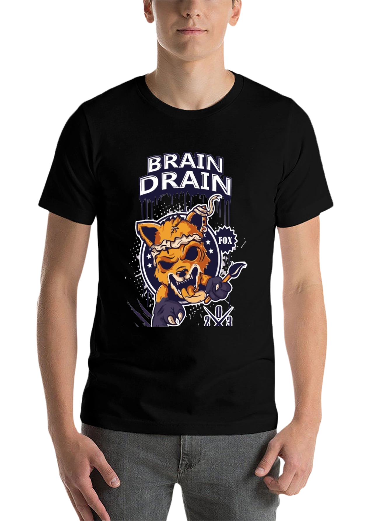 Black Brain Drain Fox Graphic T-Shirt view 7