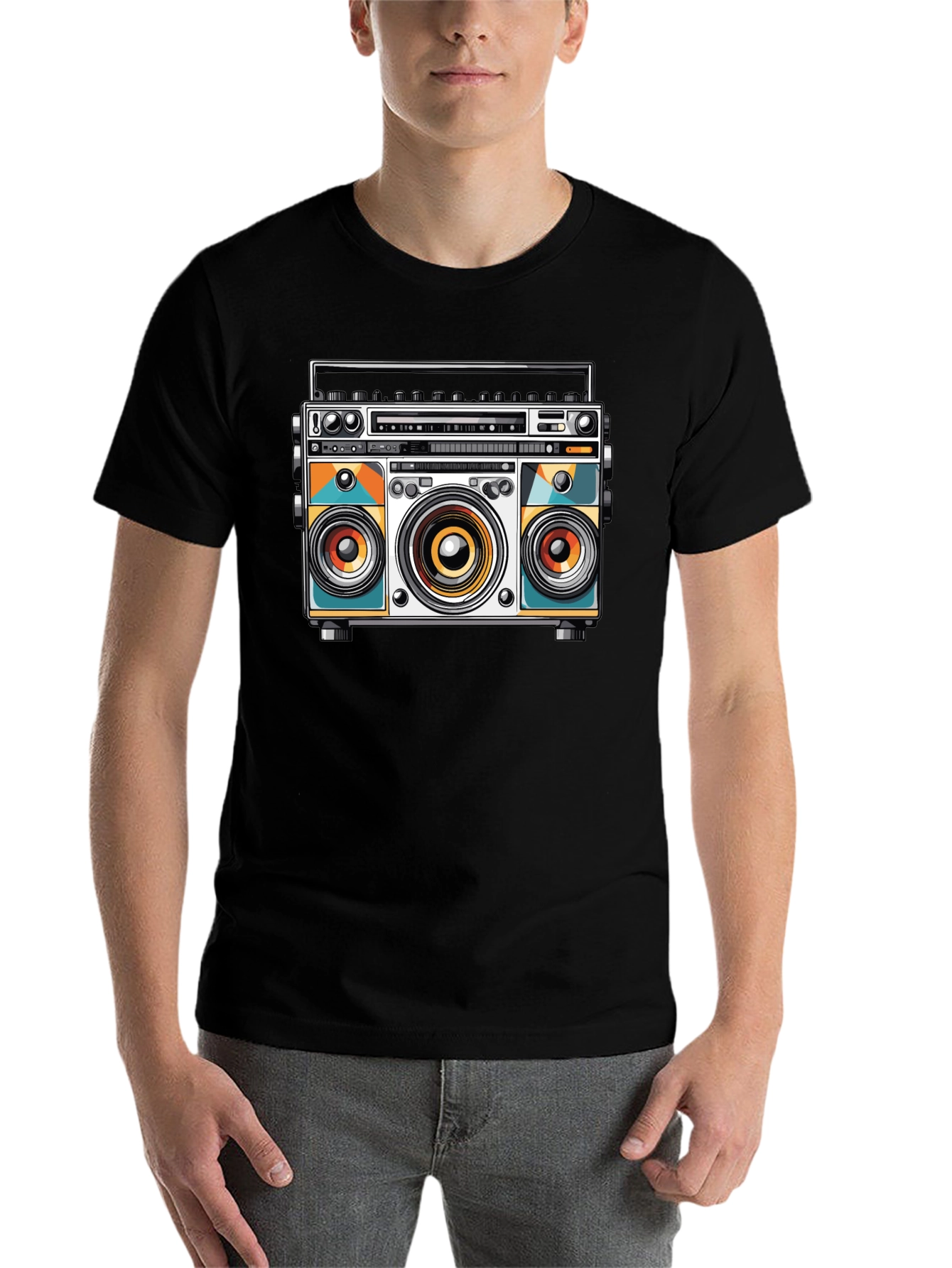 Black Retro Boombox Graphic Tee - Cool Music Lover Shirt view 7