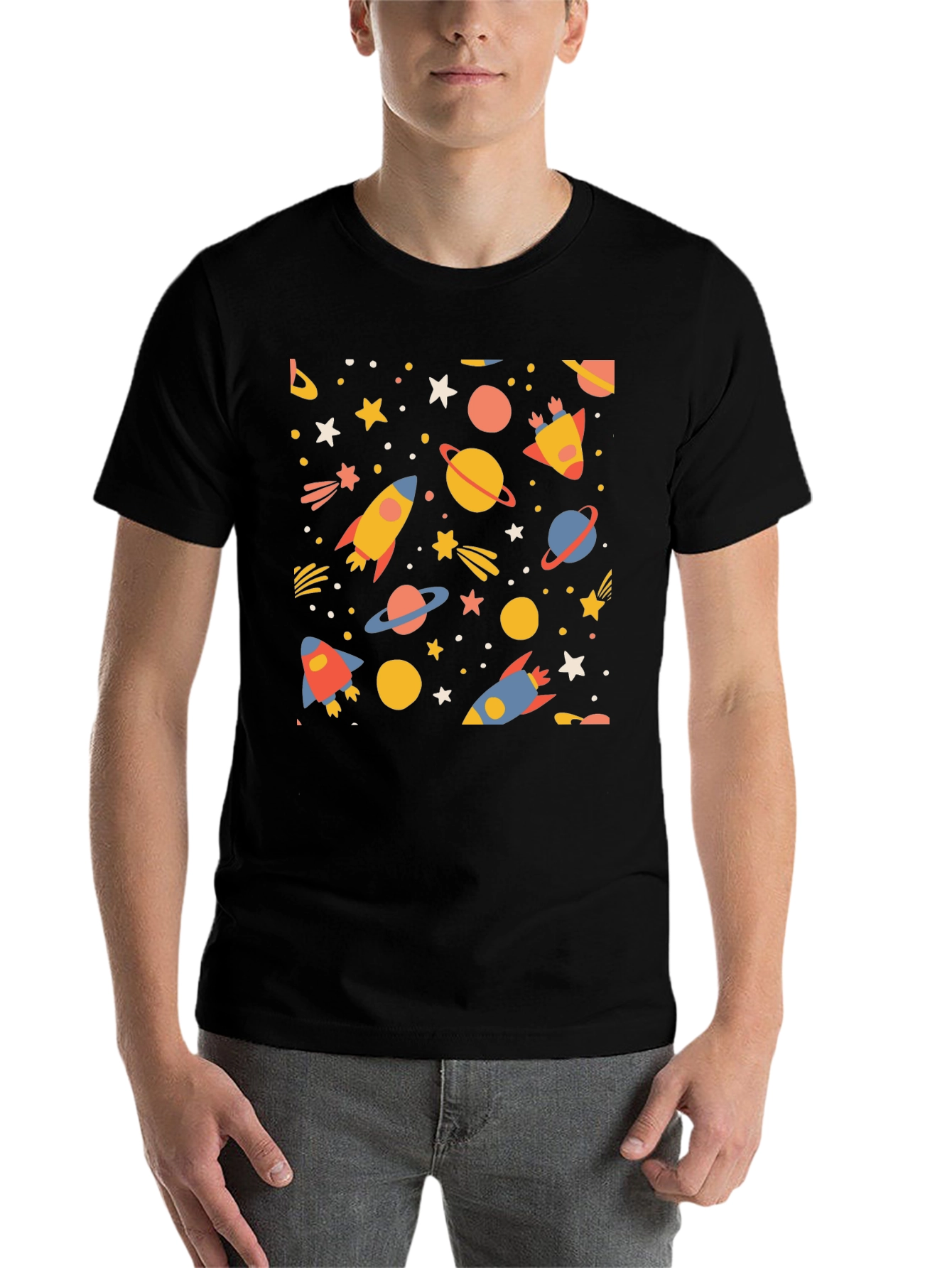 Black Cosmic Adventure T-Shirt - Space Rockets & Planets view 7