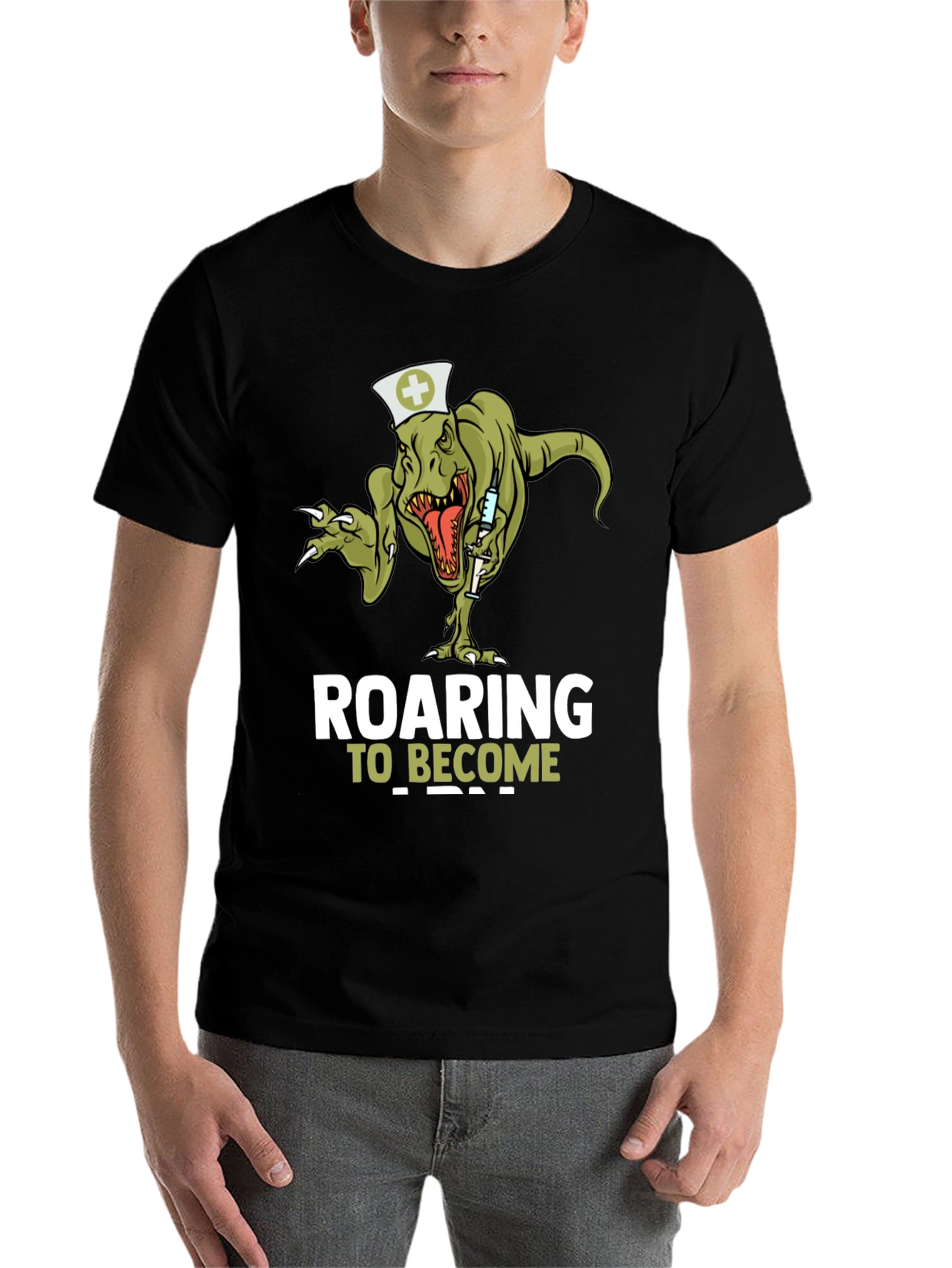 Black Roaring to Become a Nurse T-Shirt - Dinosaur Nurse Tee view 7