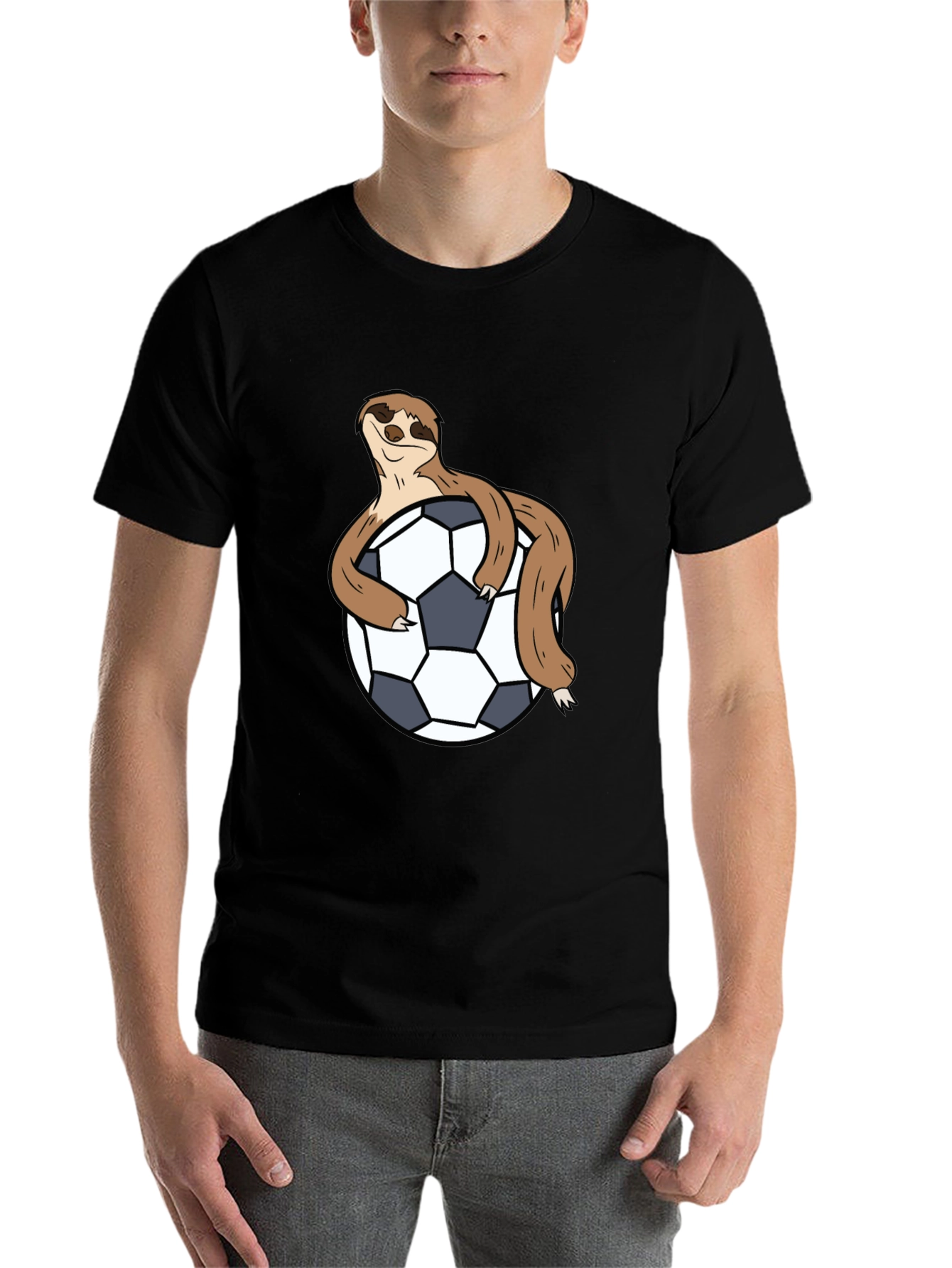 Black Sloth Hugging Soccer Ball Black T-Shirt view 7