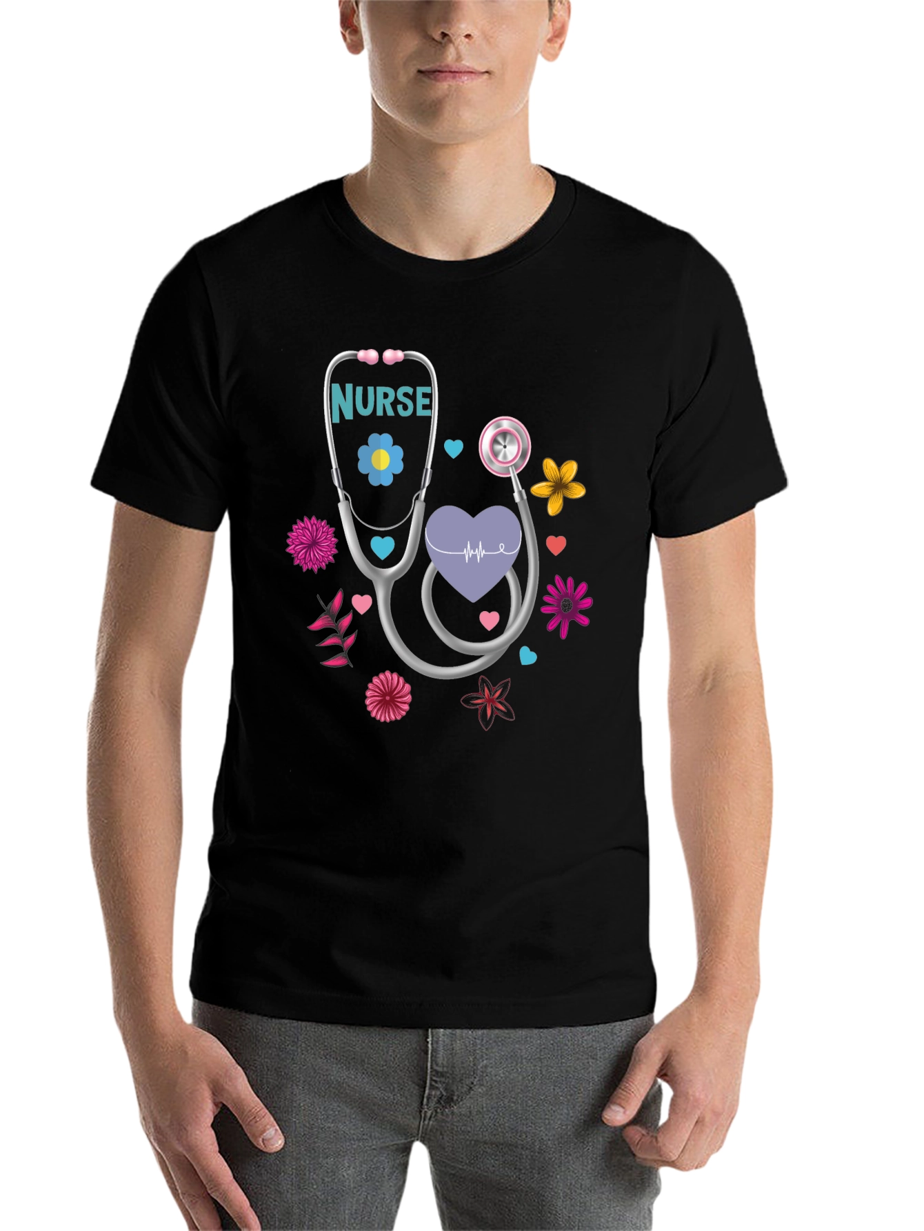 Black Nurse Stethoscope Floral Heart T-Shirt view 7