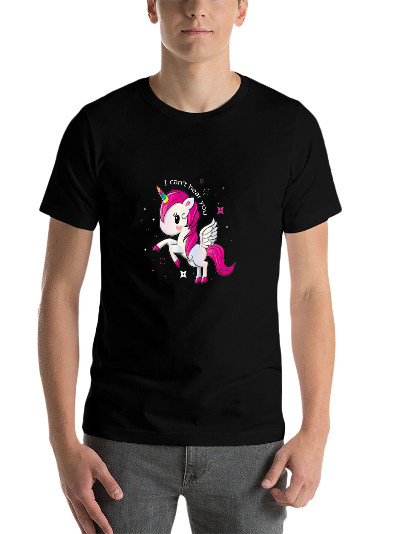 Black Cute Unicorn 'I Can't Hear You' Black T-Shirt view 7