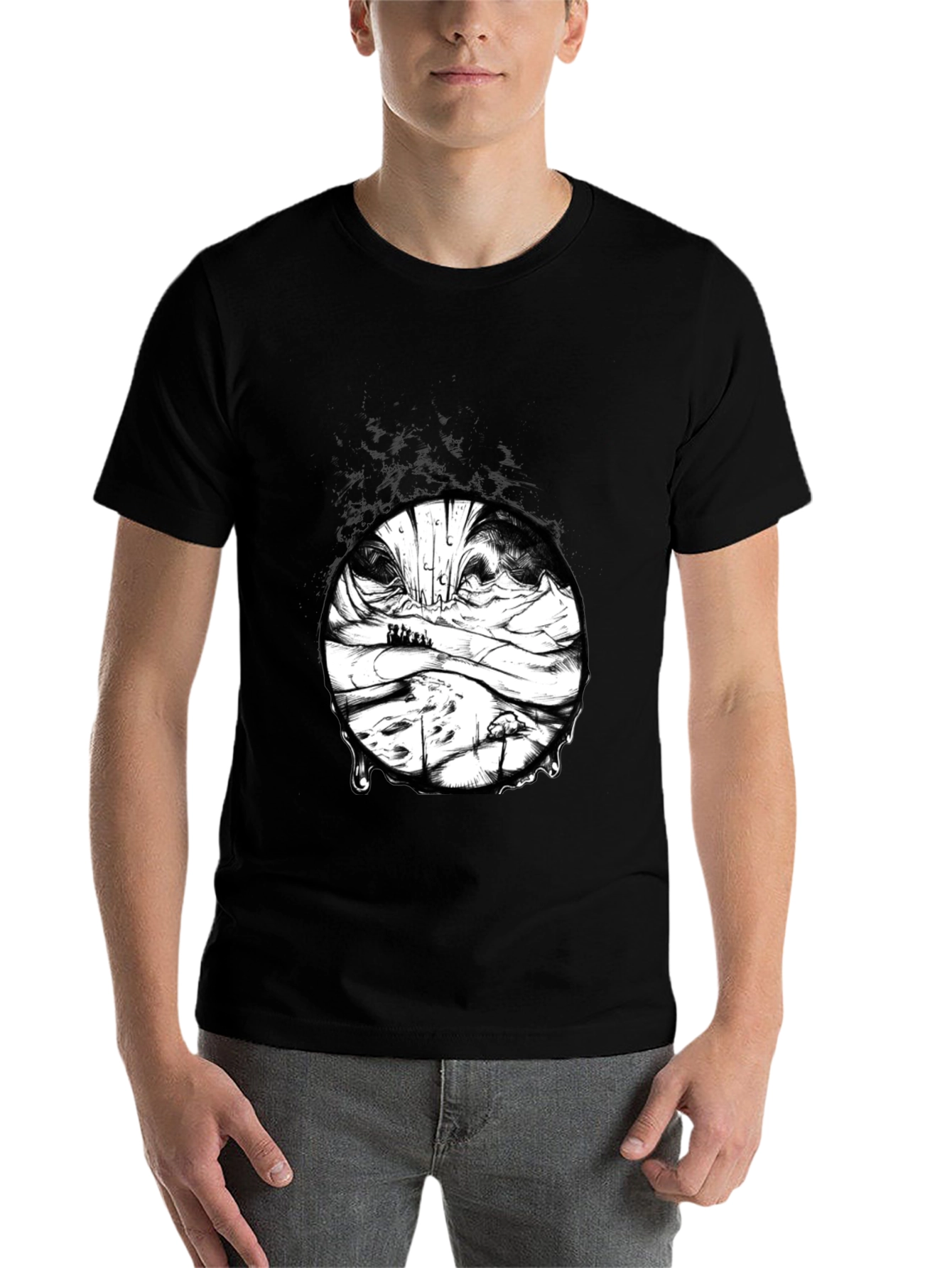 Black Artistic Black T-Shirt with Surreal Landscape Print view 7