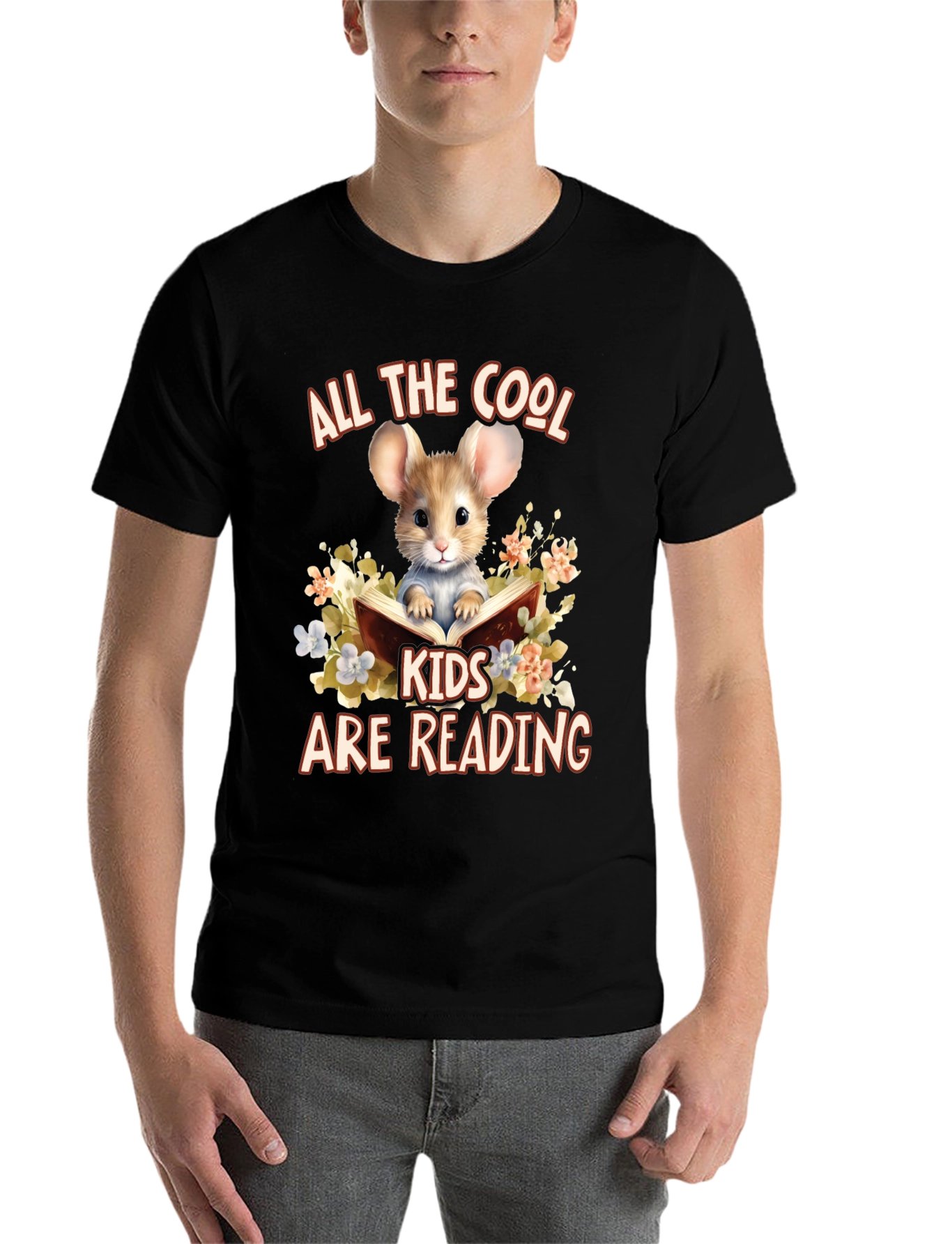 Black Cool Kids Reading Mouse Graphic T-Shirt view 7