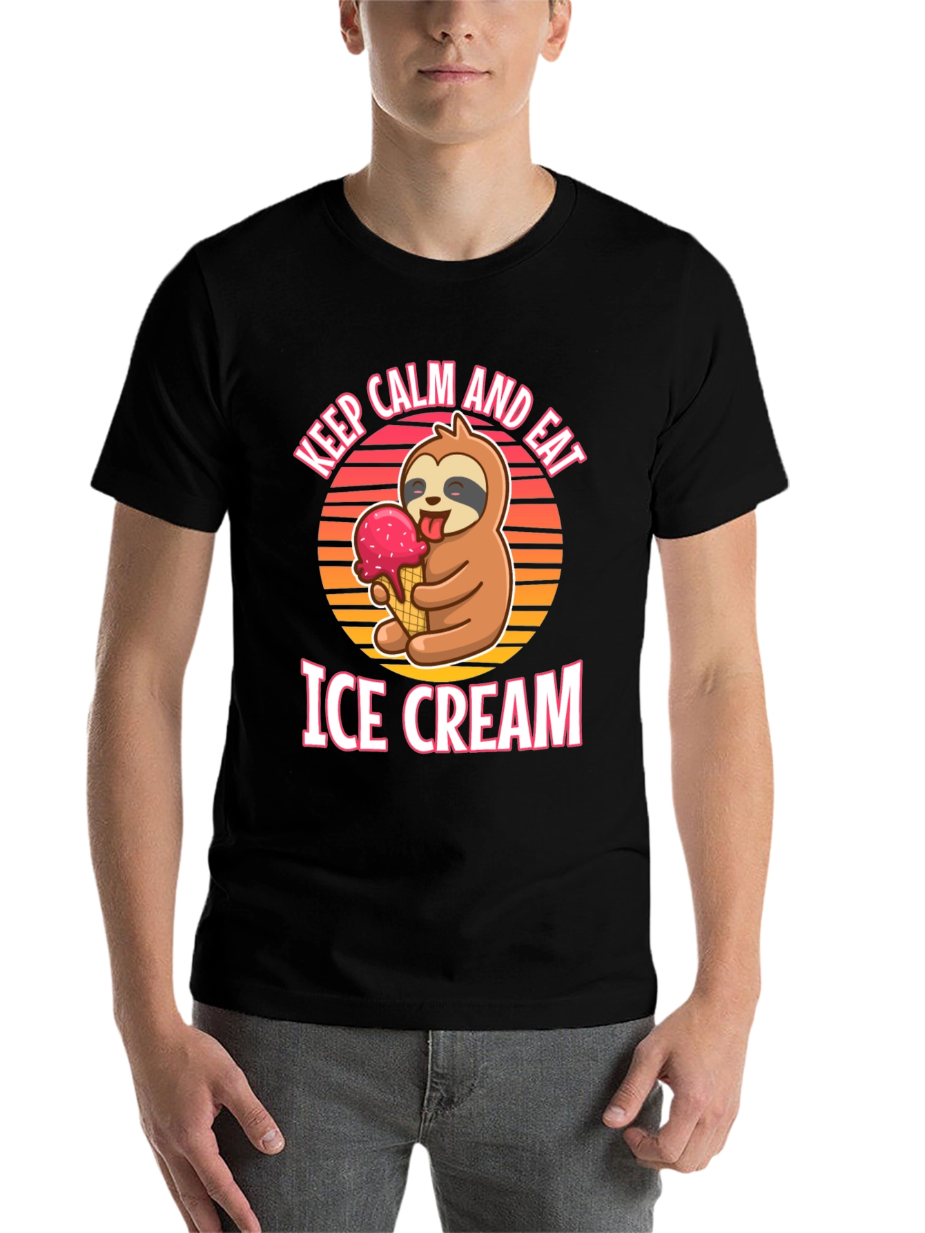 Black Keep Calm and Eat Ice Cream Sloth T-Shirt view 7