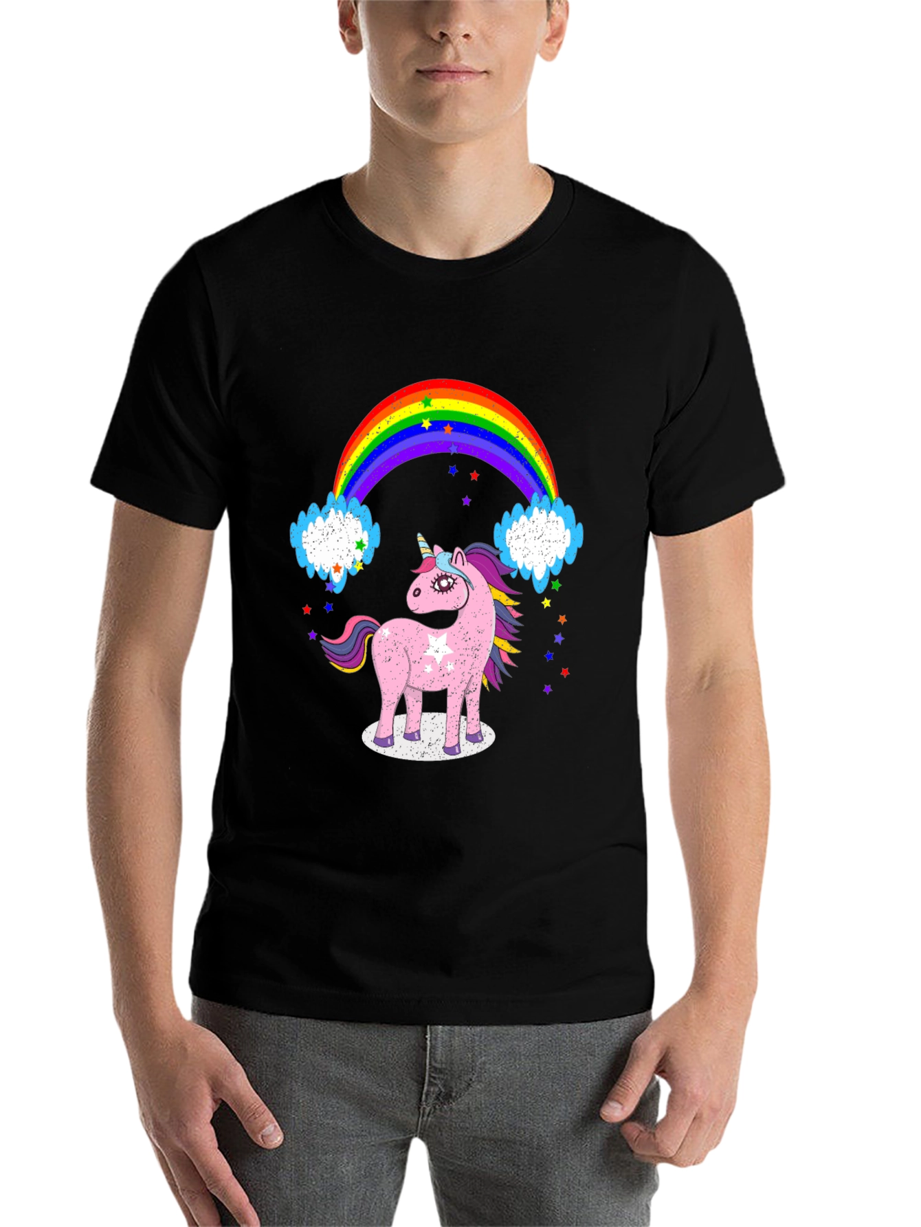 Black Unicorn & Rainbow Graphic Tee - Black Cotton T-Shirt view 7