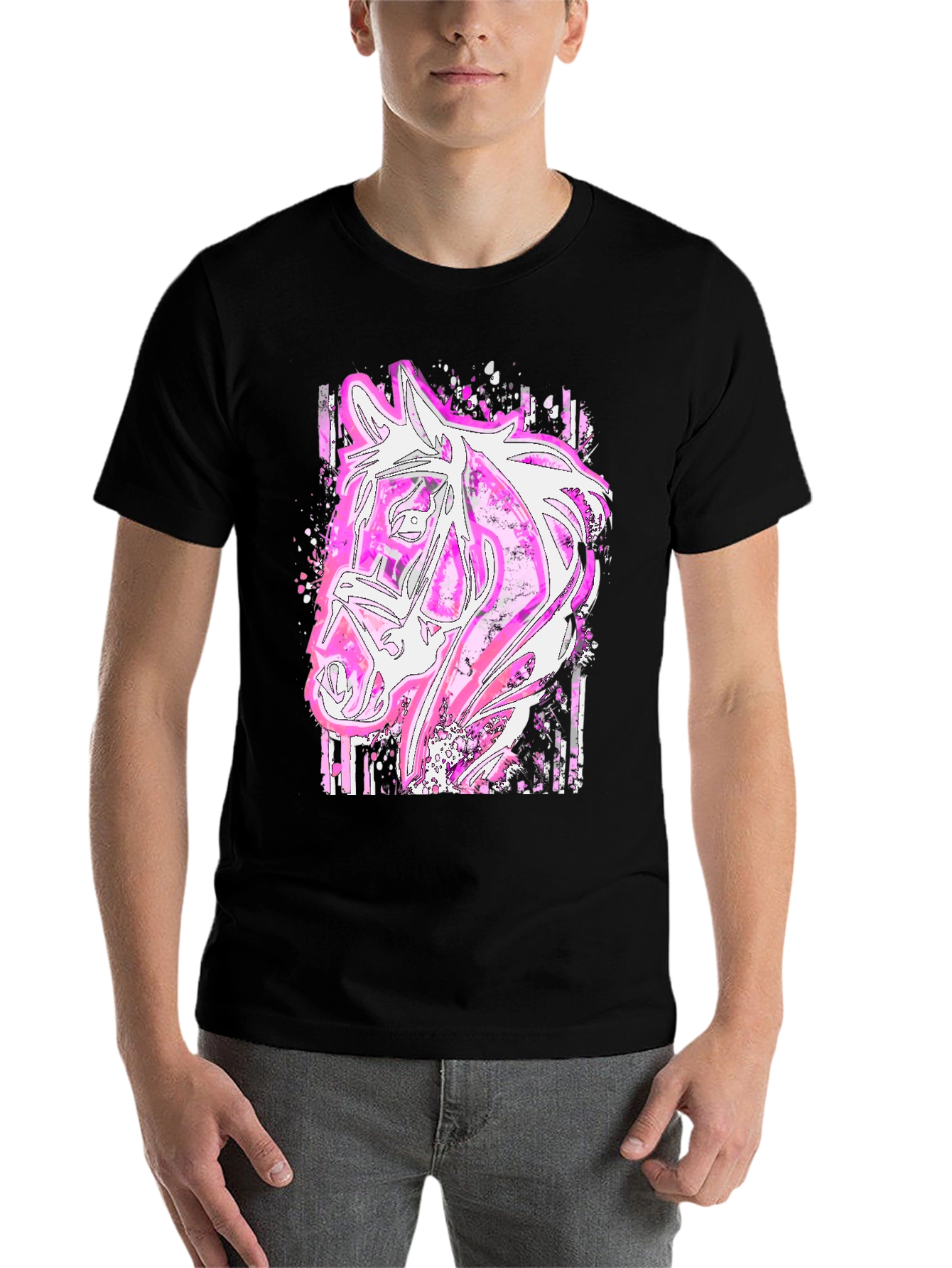 Black Pink Horse Graphic Tee - Stylish Animal Print Shirt view 7