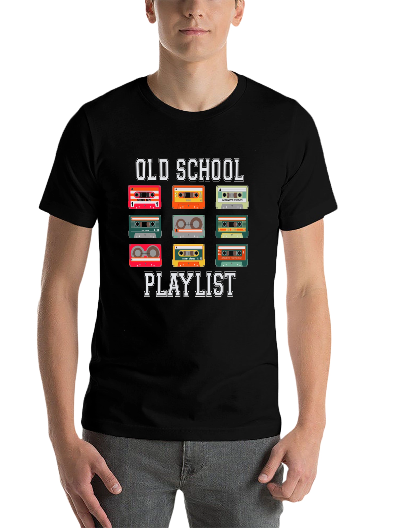 Black Old School Playlist Cassette Tape T-Shirt view 7