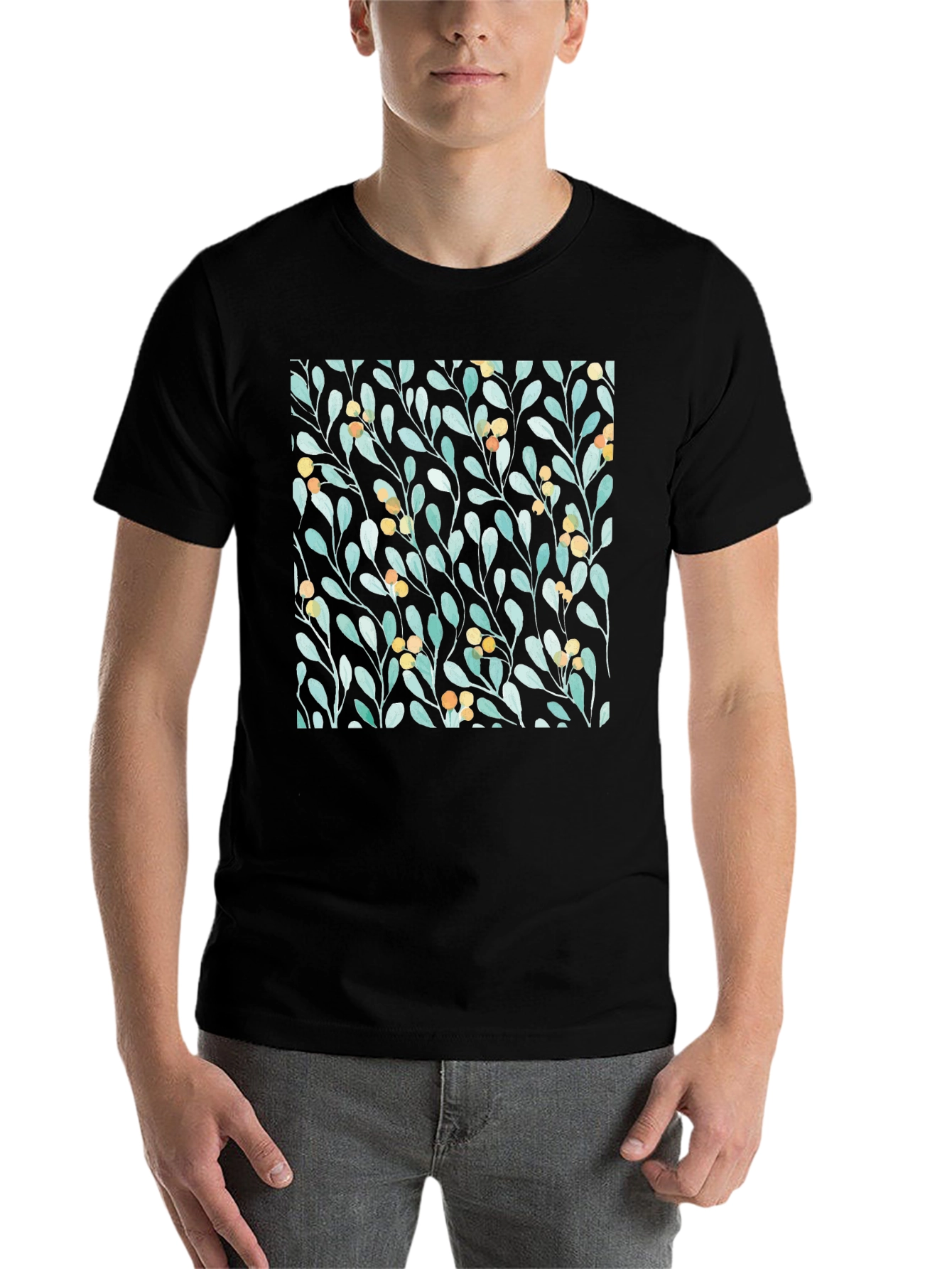 Black Botanical Leaves & Berries Black T-Shirt view 7