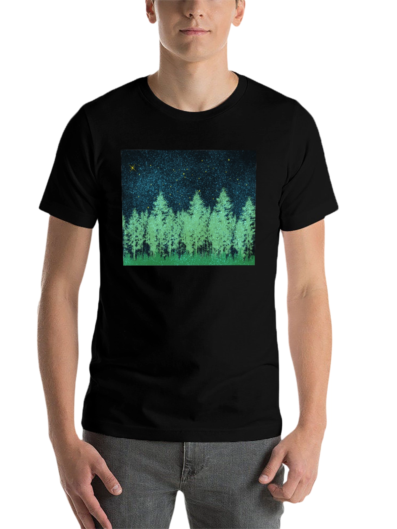 Black Starry Forest Graphic Tee - Black Cotton Blend T-Shirt view 7