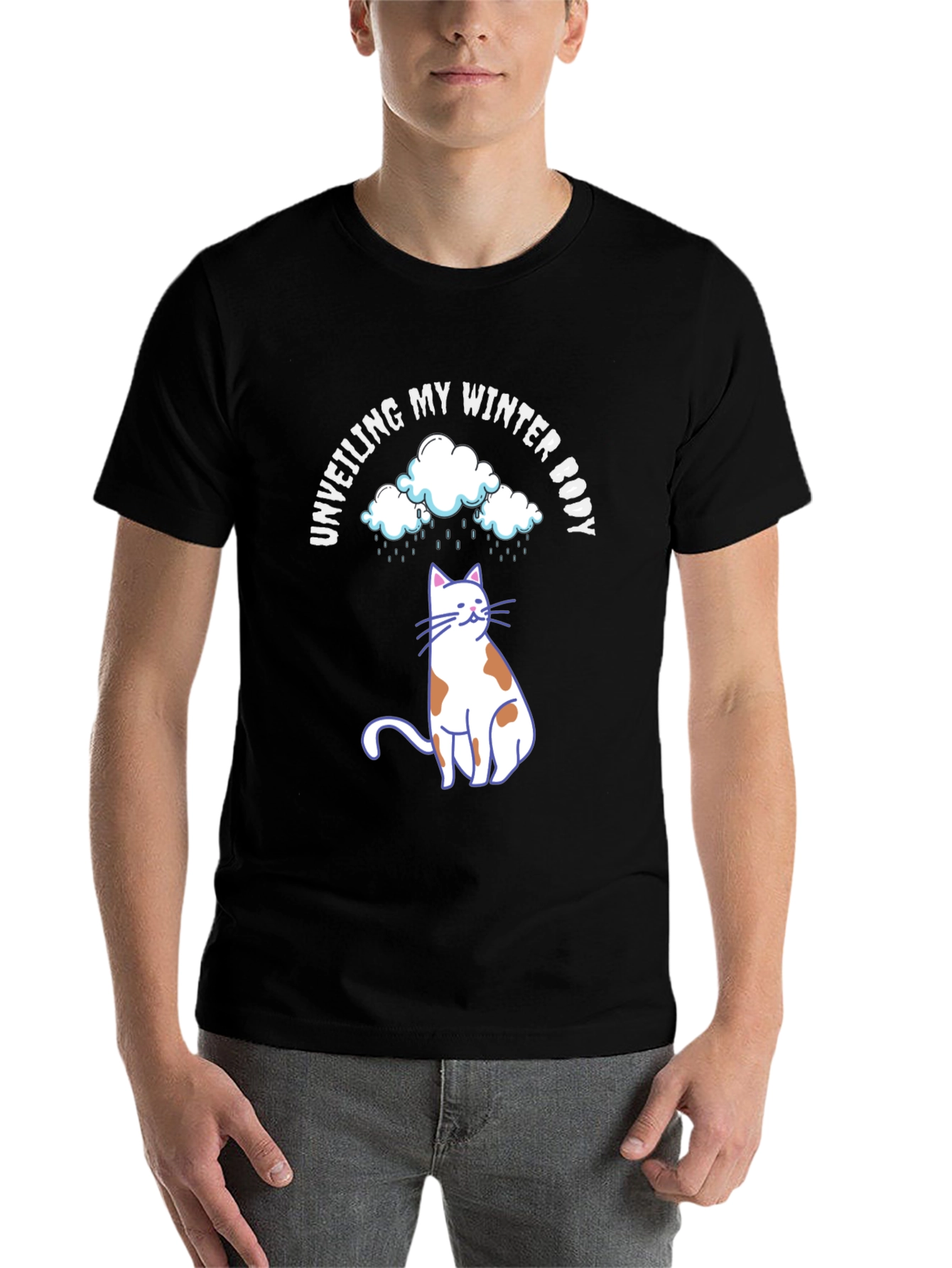 Black Unveiling My Winter Body T-Shirt Cat Clouds view 7
