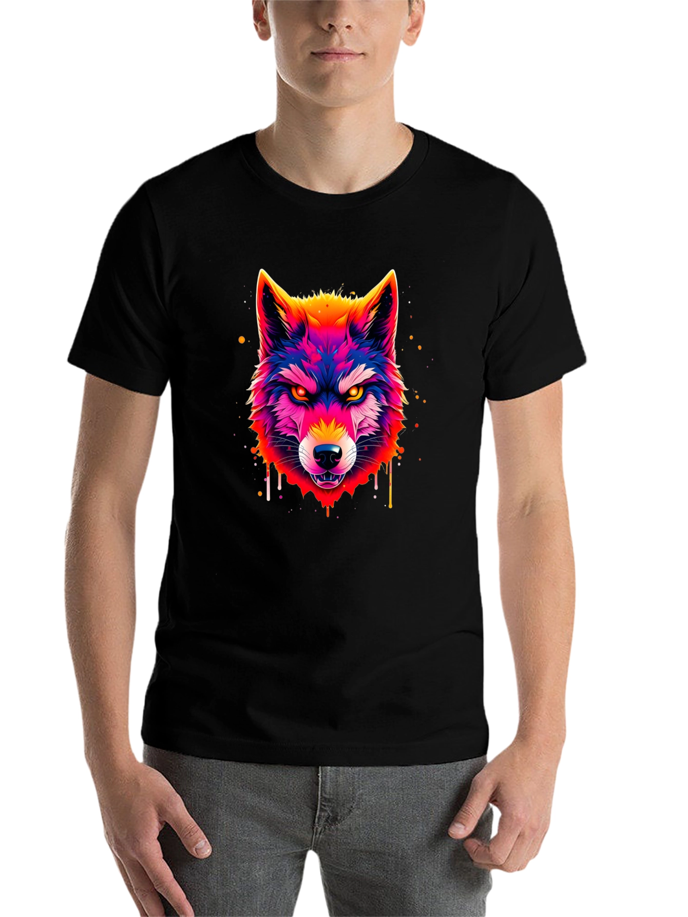 Black Vivid Wolf Graphic Tee - Men's Black T-Shirt view 7