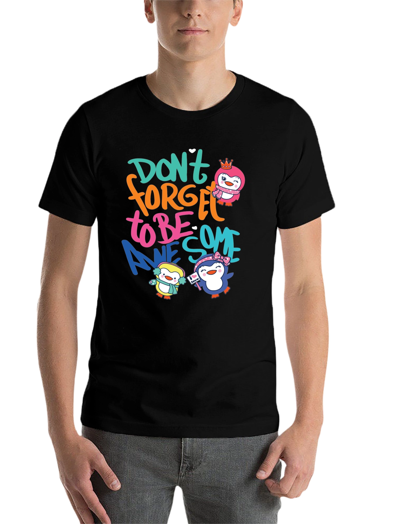 Black Don't Forget To Be Awesome Penguin Black T-Shirt view 7