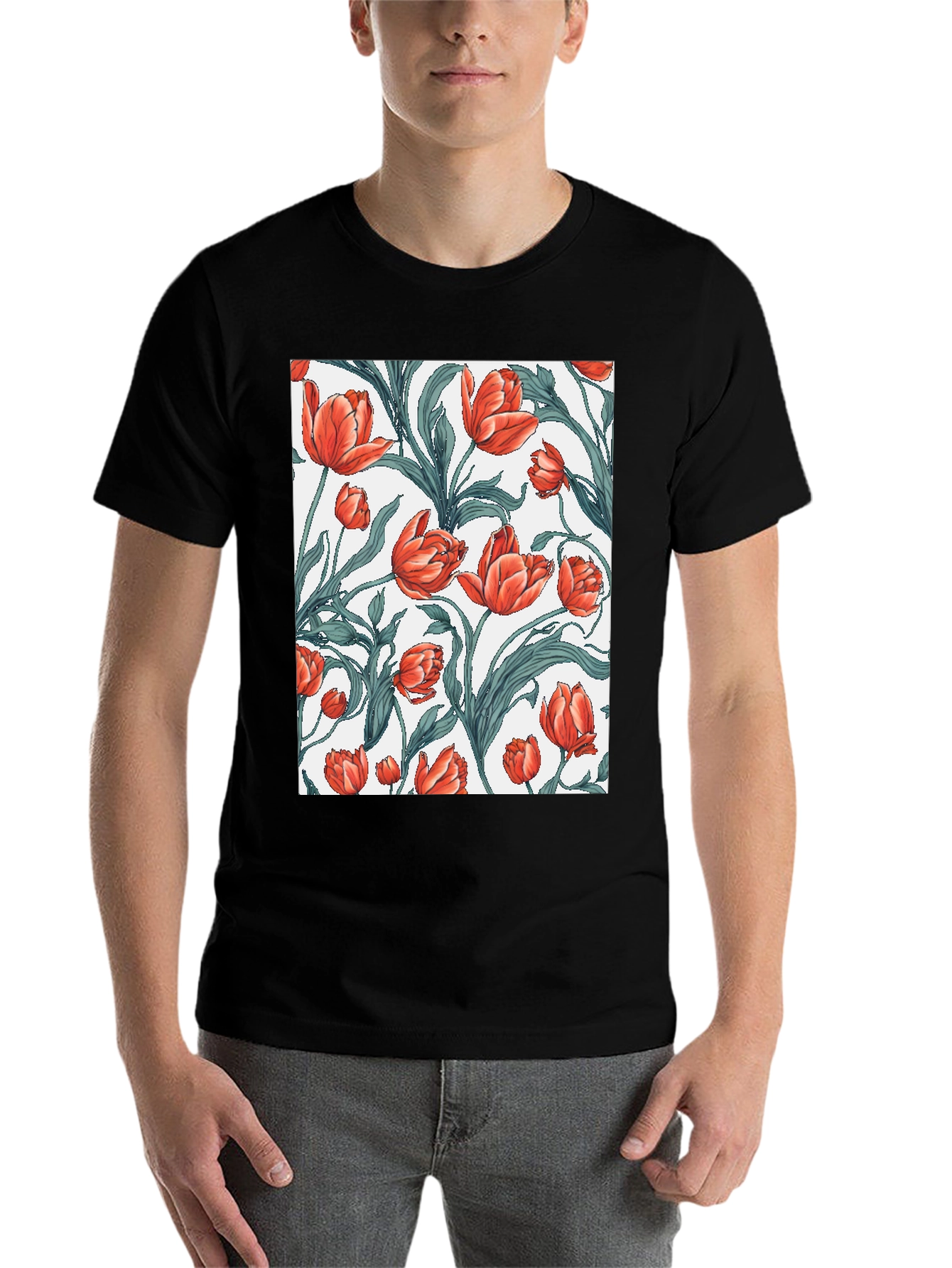 Black Floral Tulip Print Black T-Shirt view 7