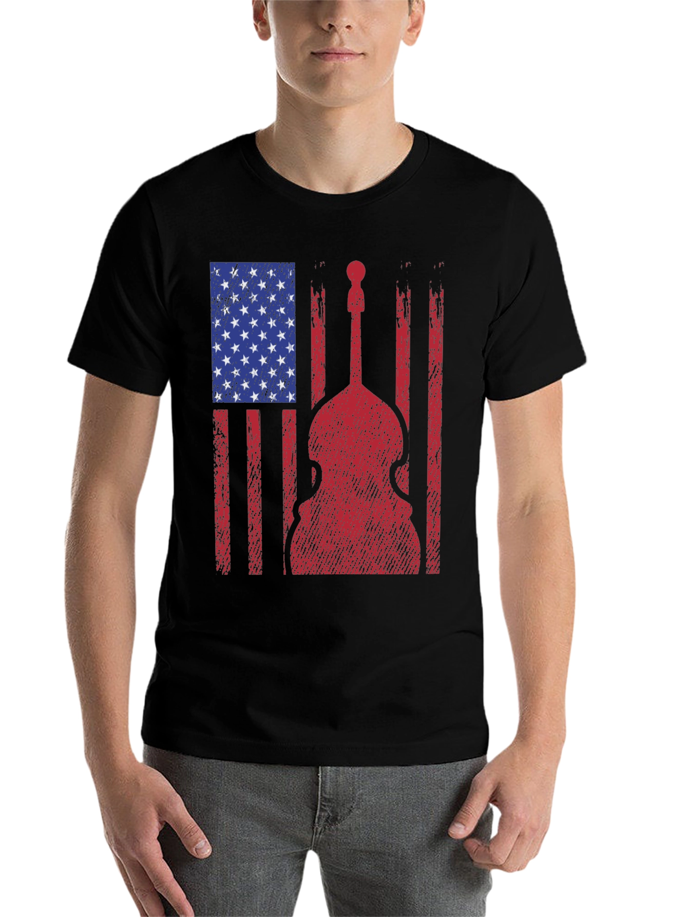 Black American Flag Bass Guitar Graphic T-Shirt view 7