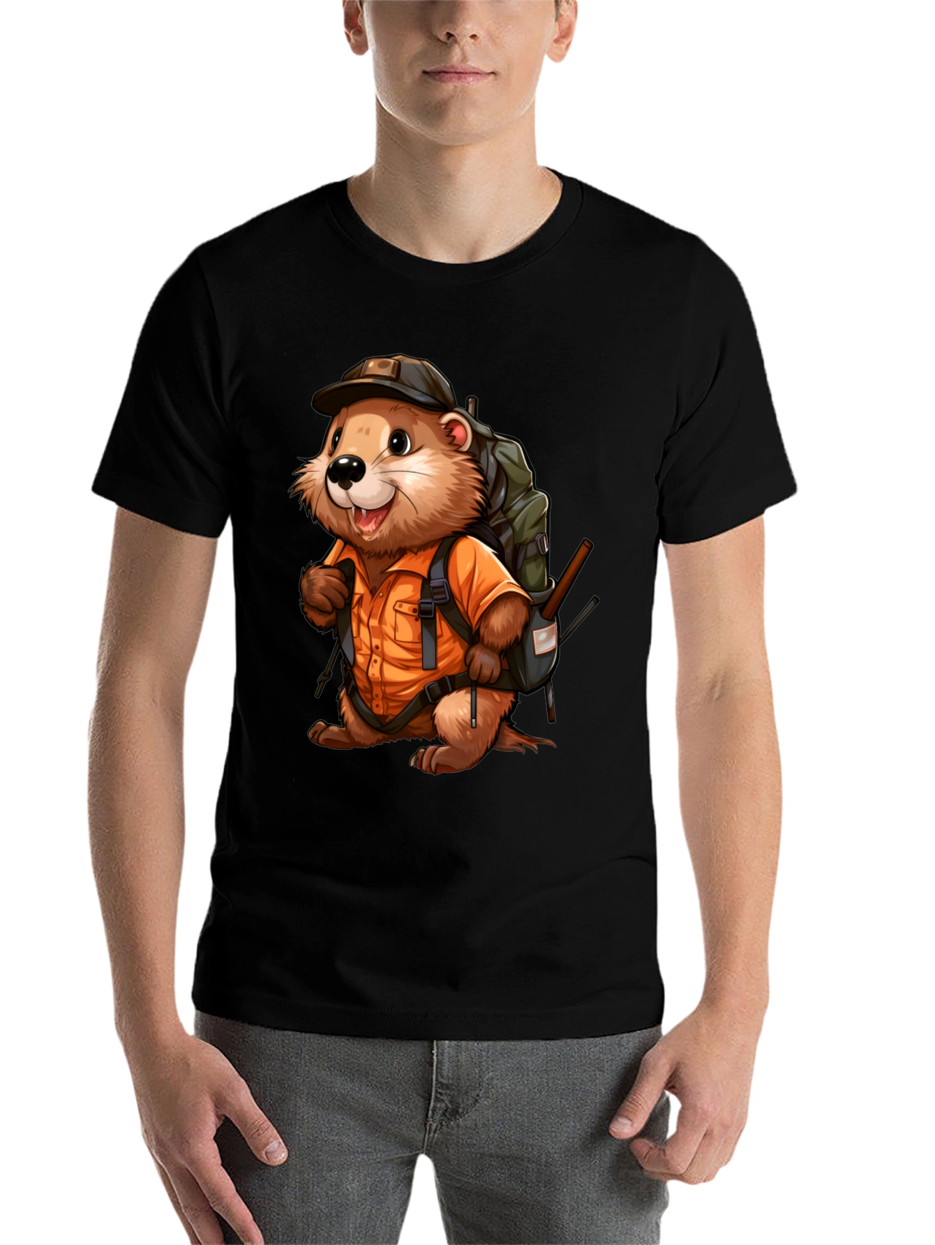 Black Cartoon Beaver Hiker Graphic T-Shirt view 7