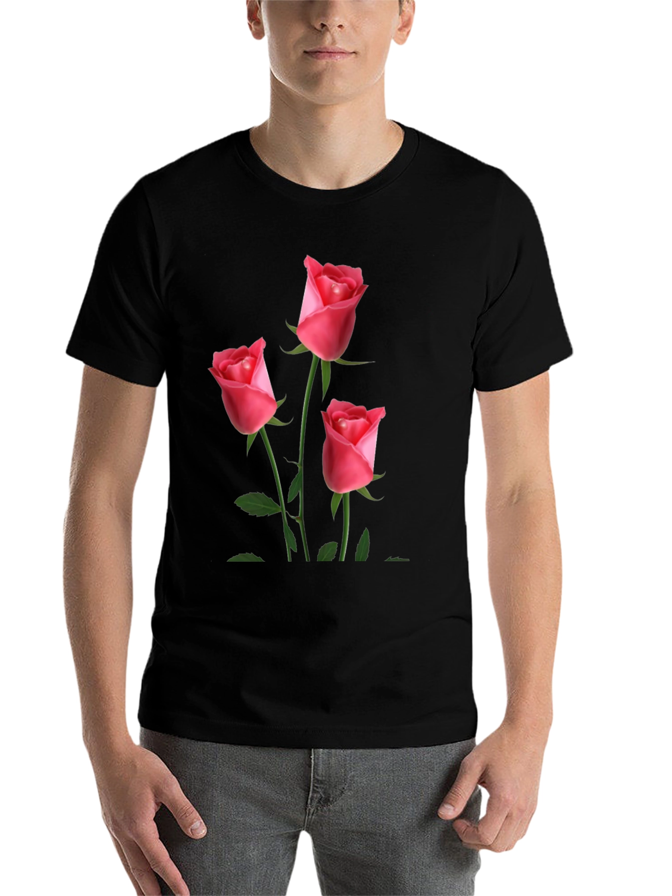 Black Men's Black T-Shirt with Rose Design view 7