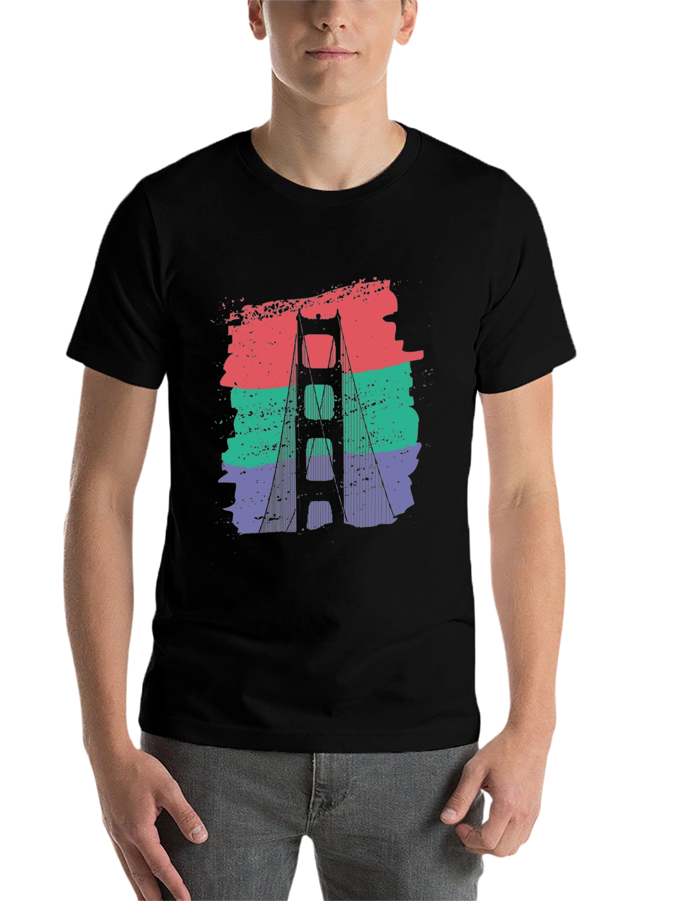 Black Golden Gate Bridge Retro Graphic T-Shirt view 7