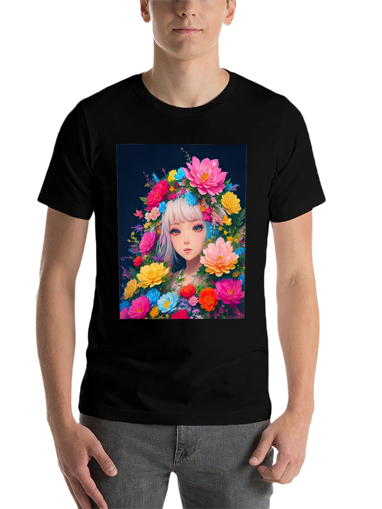 Black Floral Anime Girl Graphic Tee - Black Cotton T-Shirt view 7