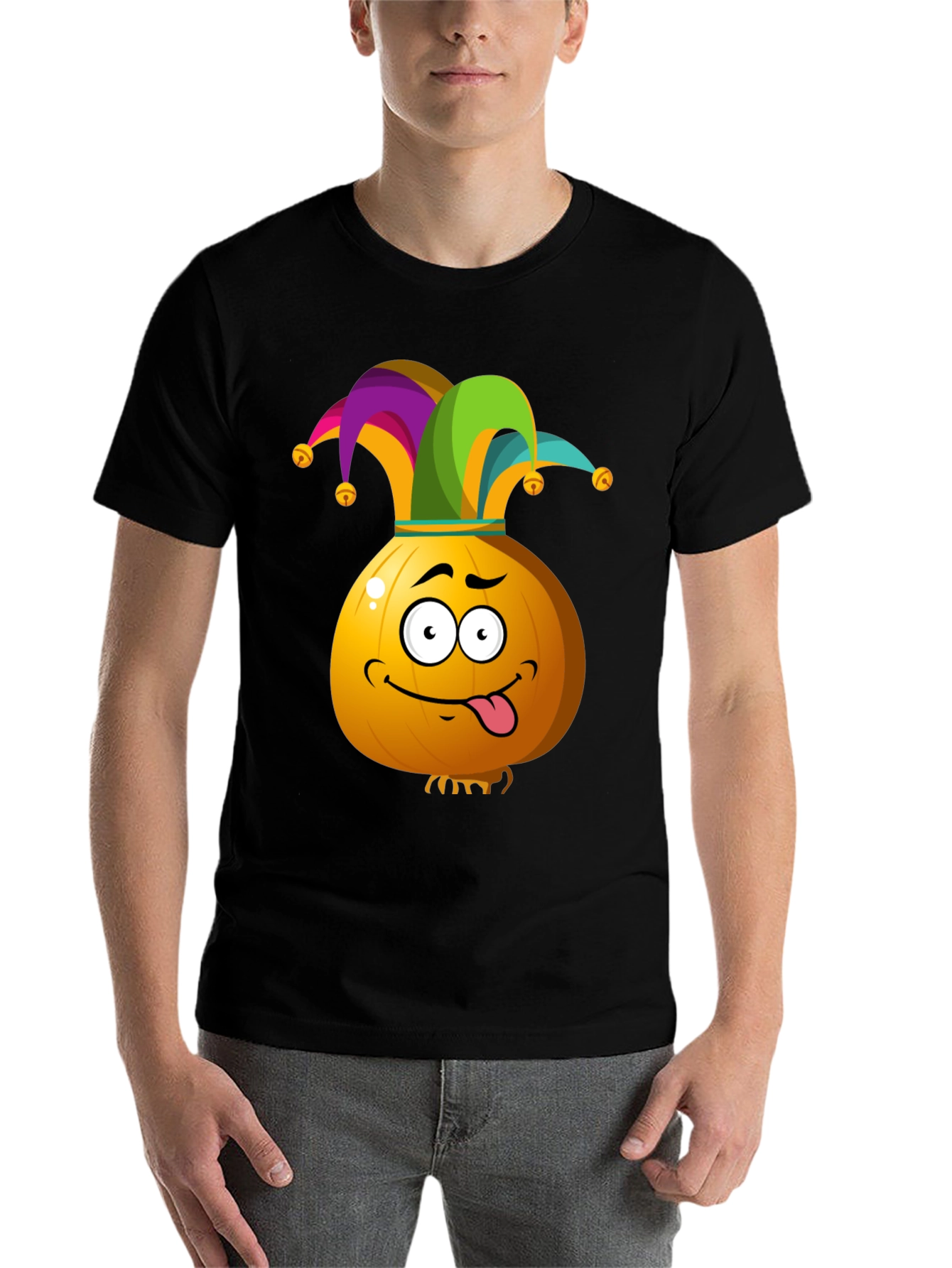 Black Funny Jester Onion Cartoon Graphic T-Shirt view 7