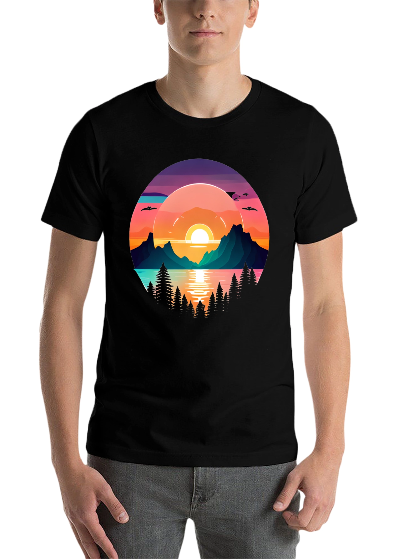 Black Sunset Lake Graphic T-Shirt view 7