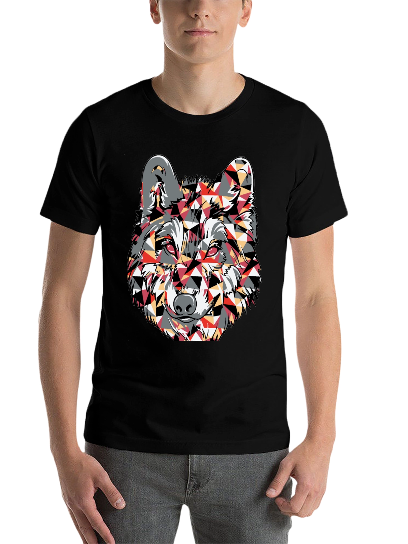 Black Geometric Wolf Graphic Print T-Shirt view 7