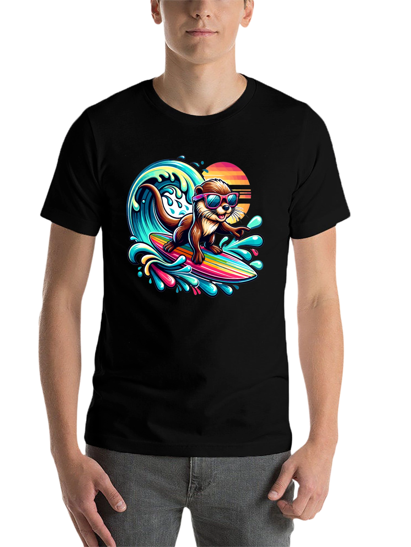 Black Surfing Otter T-Shirt - Cool Cartoon Graphic Tee view 7